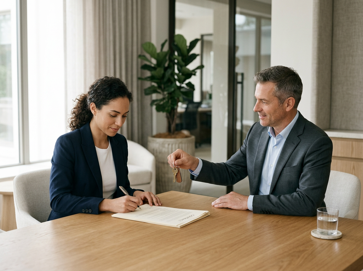 Agente imobiliario de QBrokers  entregando llaves a mujer mientras firma un contrato de alquiler en una oficina.