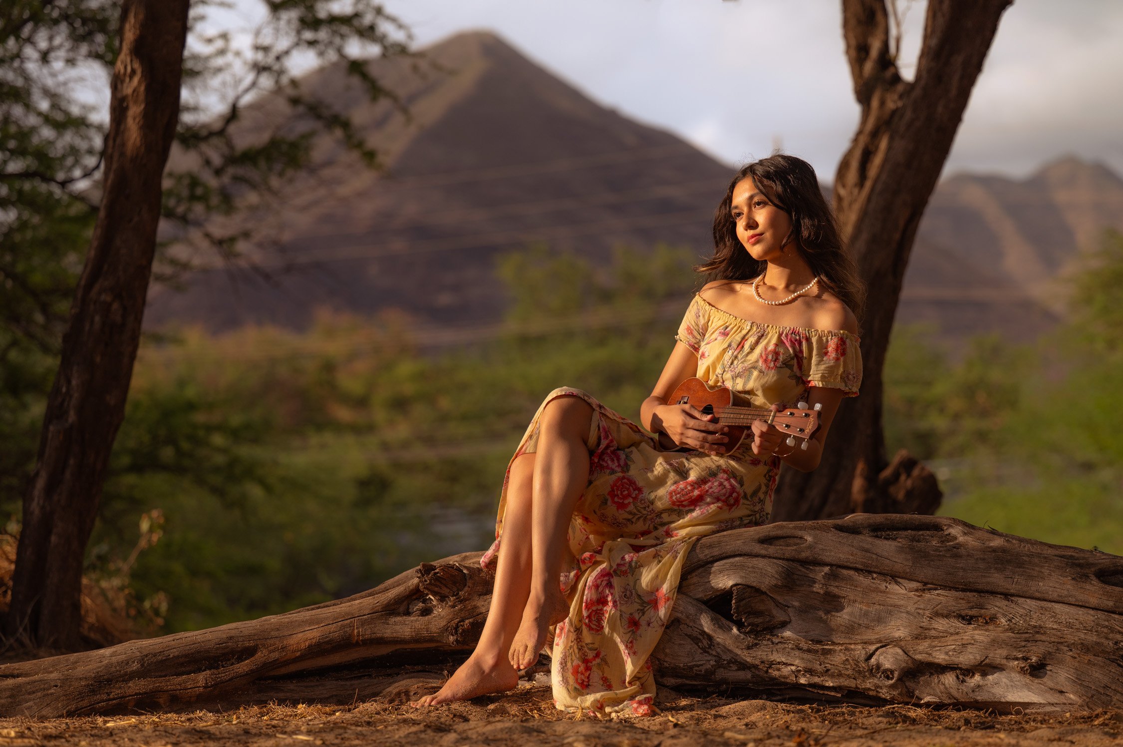 A woman sitting on a large fallen tree in a natural outdoor setting, holding a ukulele, with trees and mountains in the background, during daytime.