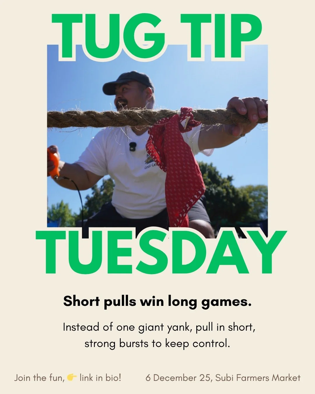 🪢 Tug Tip Tuesday!

Short pulls win long games! 💪
Instead of one giant yank, pull in short, strong bursts to keep in control.

It&rsquo;s all about rhythm, teamwork and a little tug strategy! Think your team can master it?

Register now for Ready, 