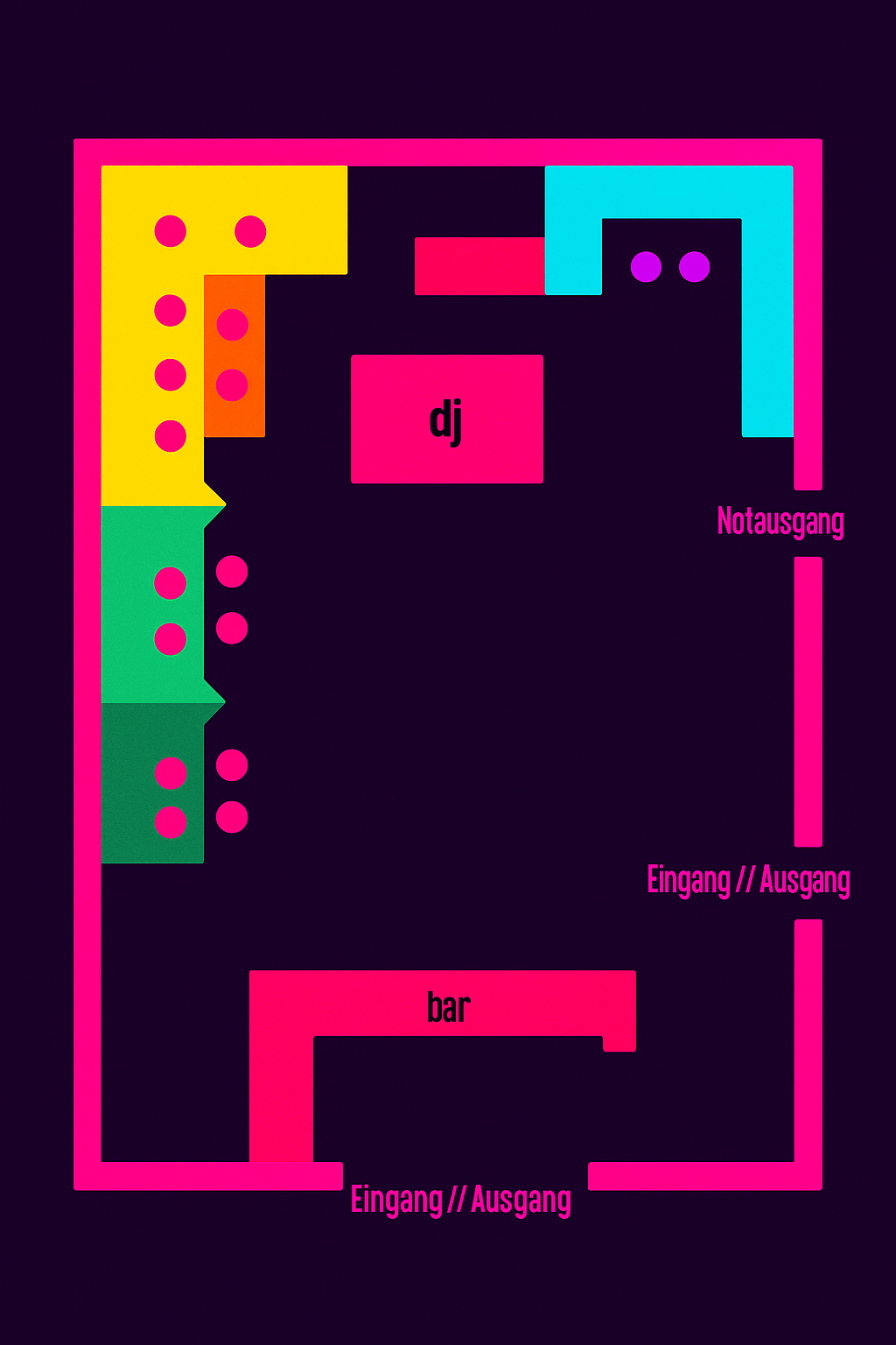 Farbiger Lageplan eines Clubs mit Bereichen gekennzeichnet: DJ, Bar, Natoa gang, Eingan//Ausgang, Notausgang, Getränke oder Sitzplätze an der linken Seite, dunkler Hintergrund.