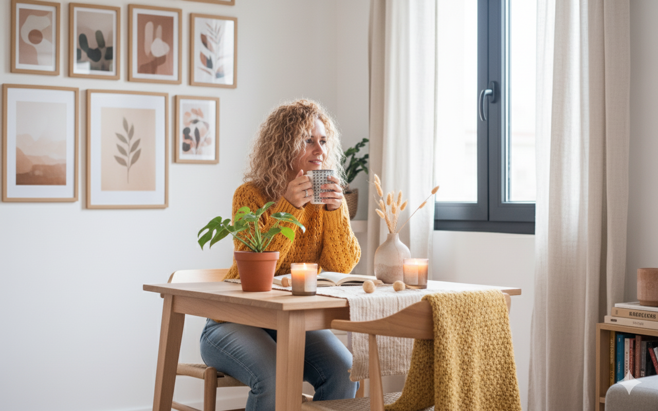 Eine Frau mit lockigem Haar trinkt Kaffee an einem hellen Esstisch mit Kerzen, Pflanzen und Dekoration, schaut verträumt und genießt ihr neues Apartment. Sie sitzt vor einem Fenster mit Vorhängen, Wandkunst im Hintergrund.