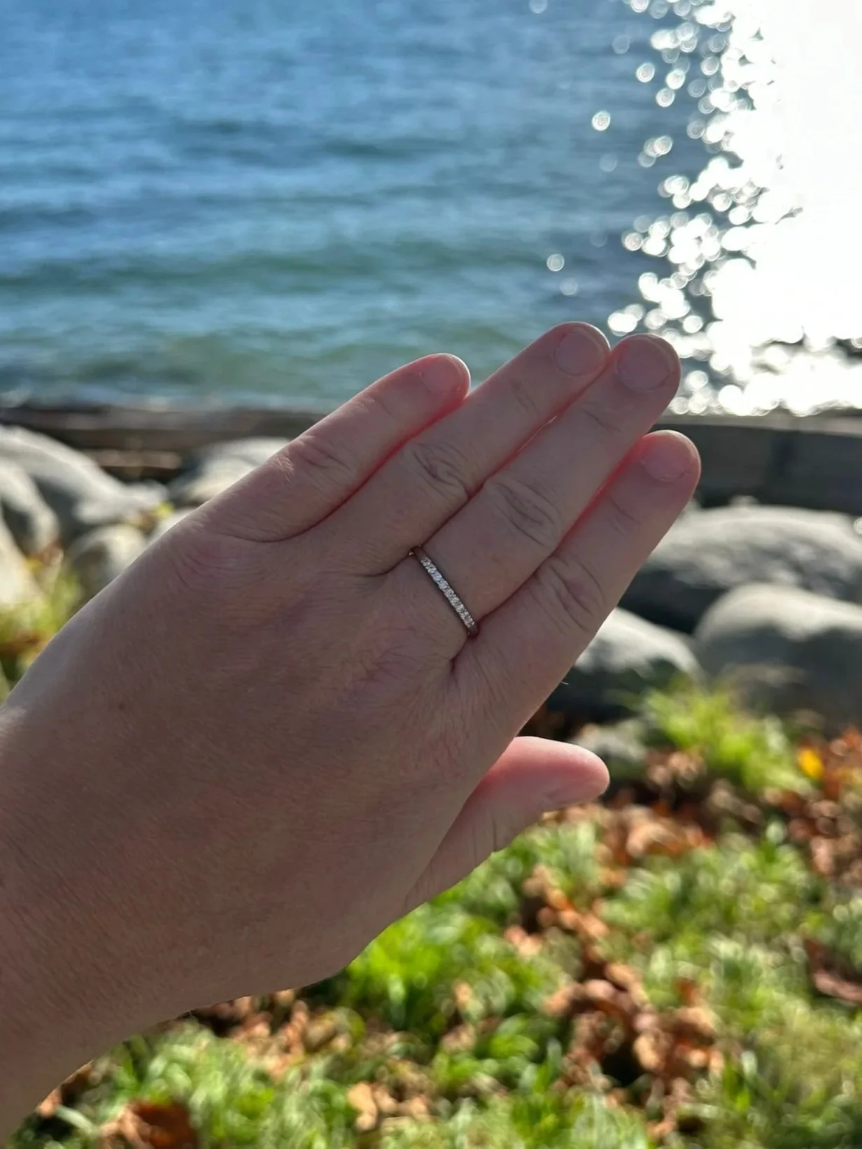 A person's left hand showing a diamond ring on the ring finger, with a lakeshore and rocks in the background, and sunlight reflecting on the water.