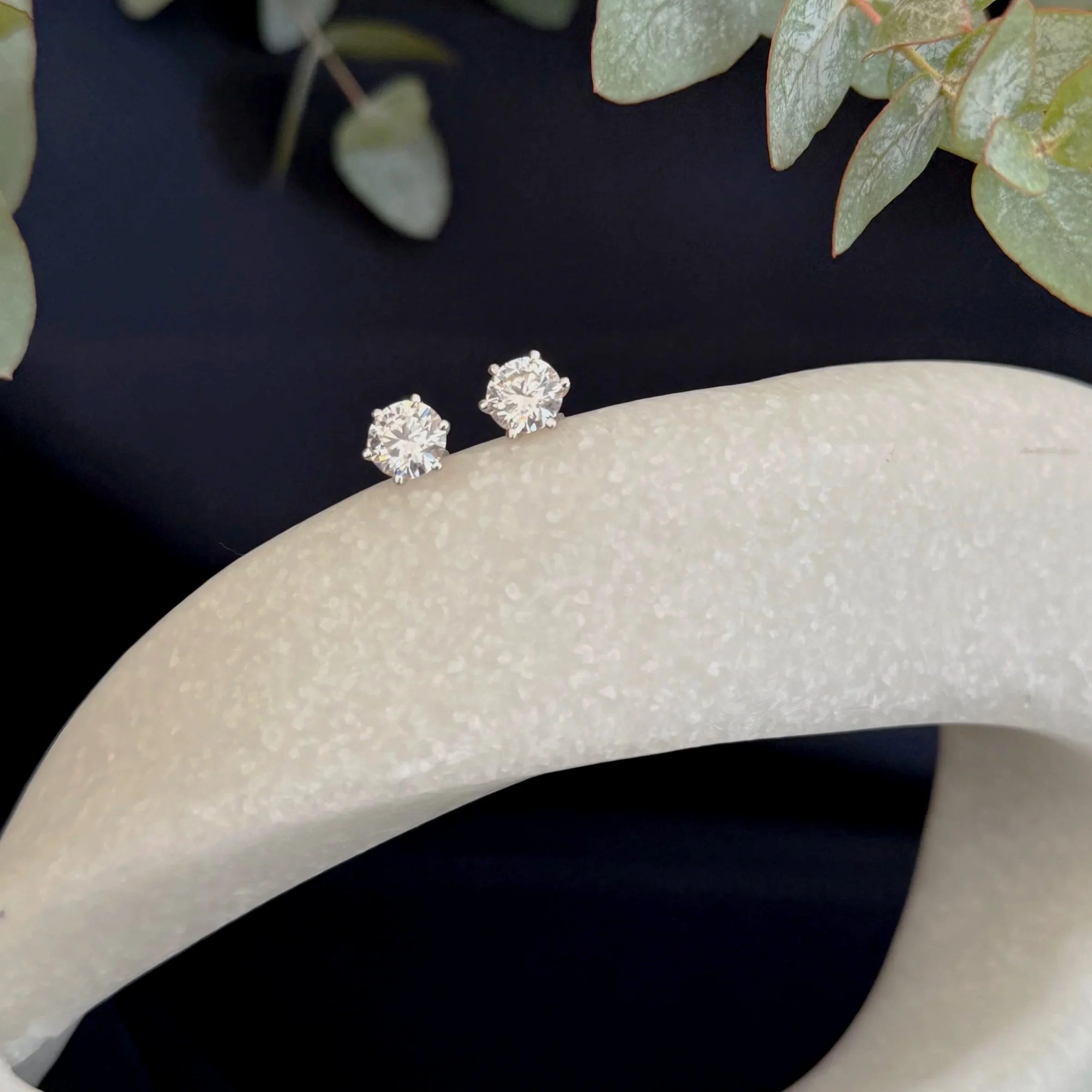 Pair of round diamond stud earrings resting on a white curved surface, with green leaves in the background.