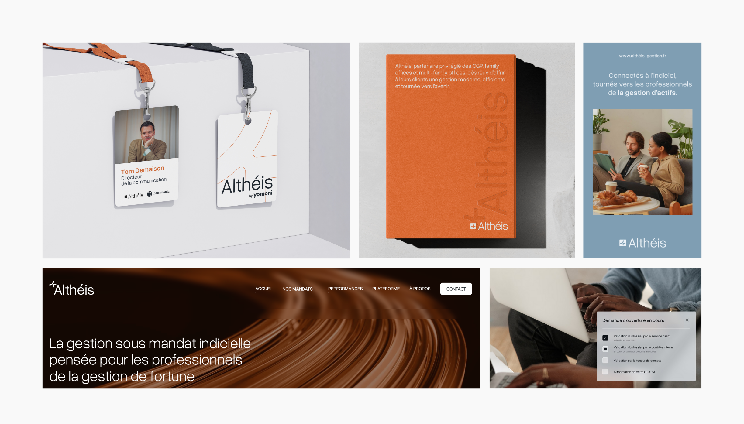 Étude de cas Althéis par Roucher Studio : identité visuelle institutionnelle pour une société de gestion de patrimoine. Bento présentant le design de supports print, la signalétique et la charte graphique print & digital pour professionnels.