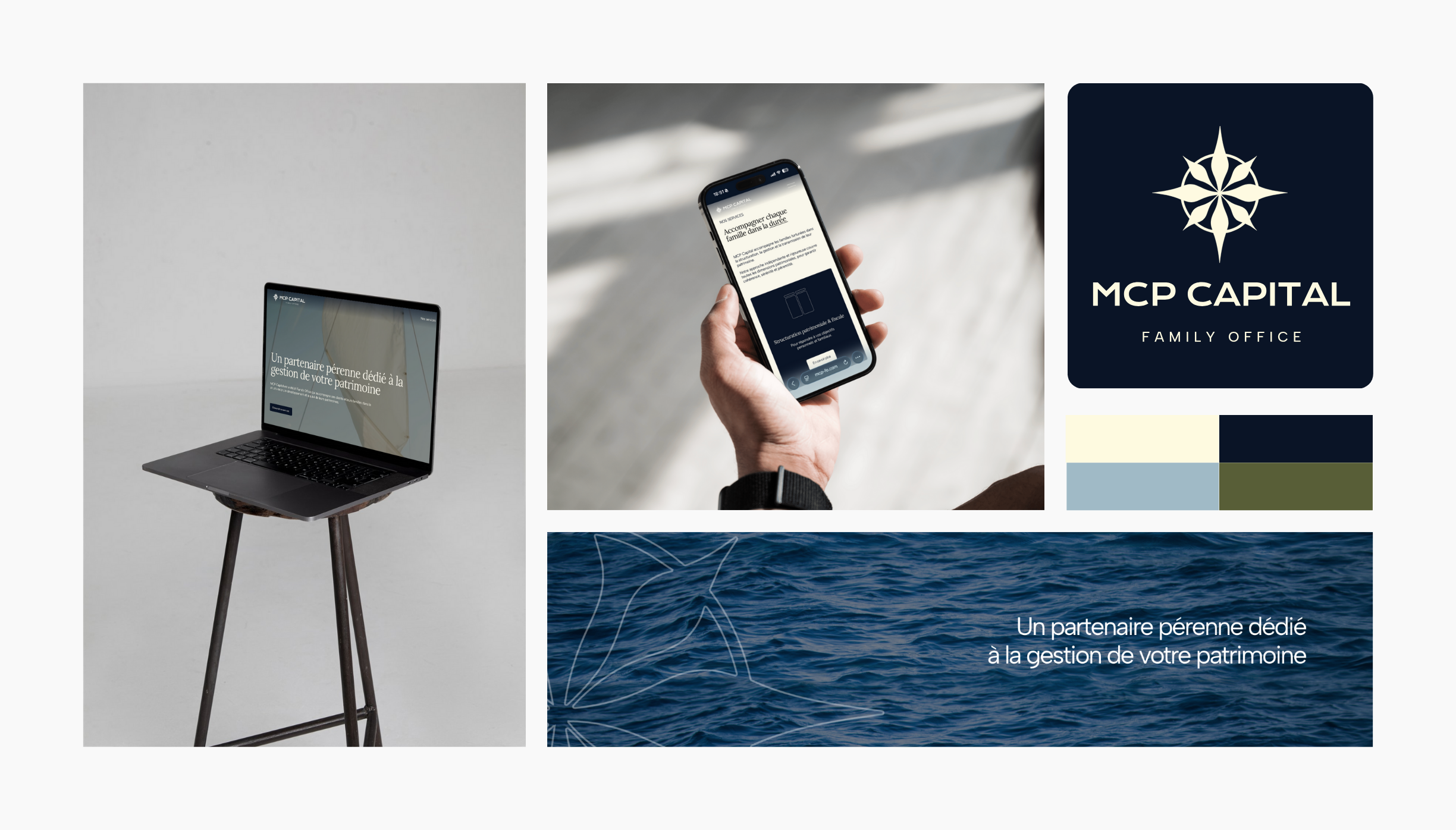 Direction artistique et Web Design pour MCP Capital : création de l'identité visuelle et du site vitrine sur mesure pour ce Family Office. Un univers graphique minimaliste et haut de gamme conçu par Roucher Studio pour une clientèle institutionnelle.