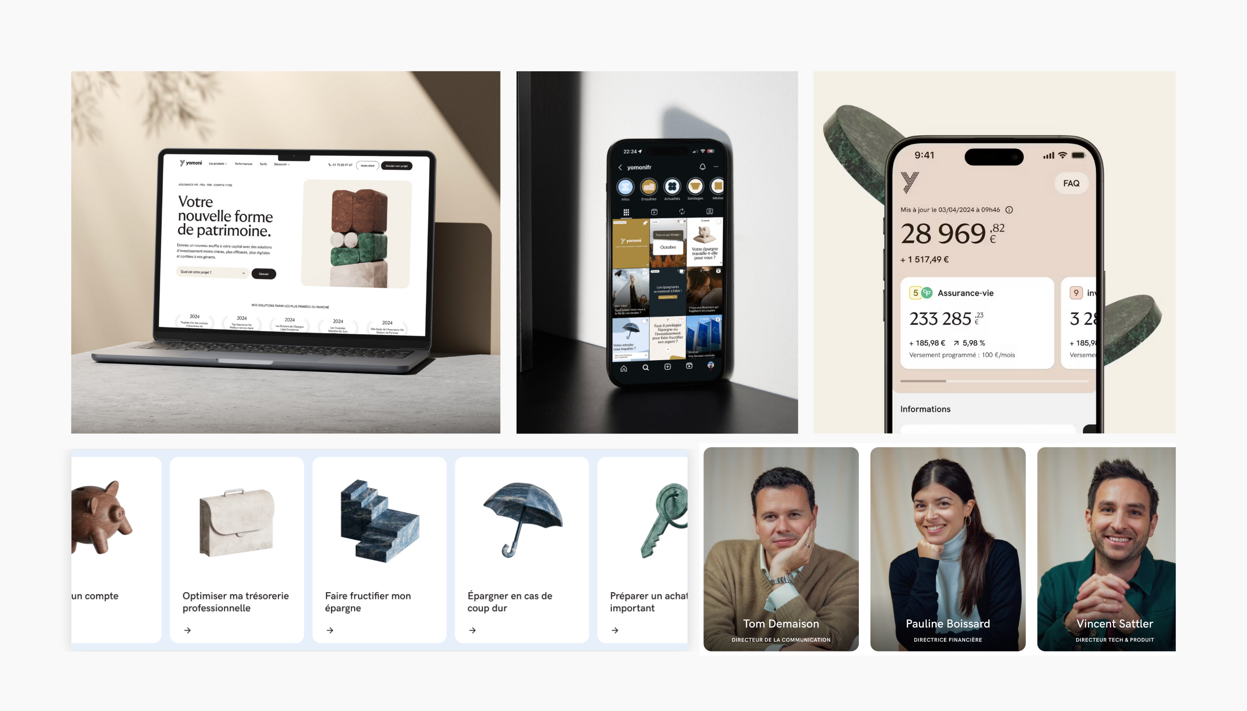 Étude de cas Roucher Studio pour Yomoni : composition bento présentant la stratégie de contenu, le design d'infographies financières et les supports de communication digitale.