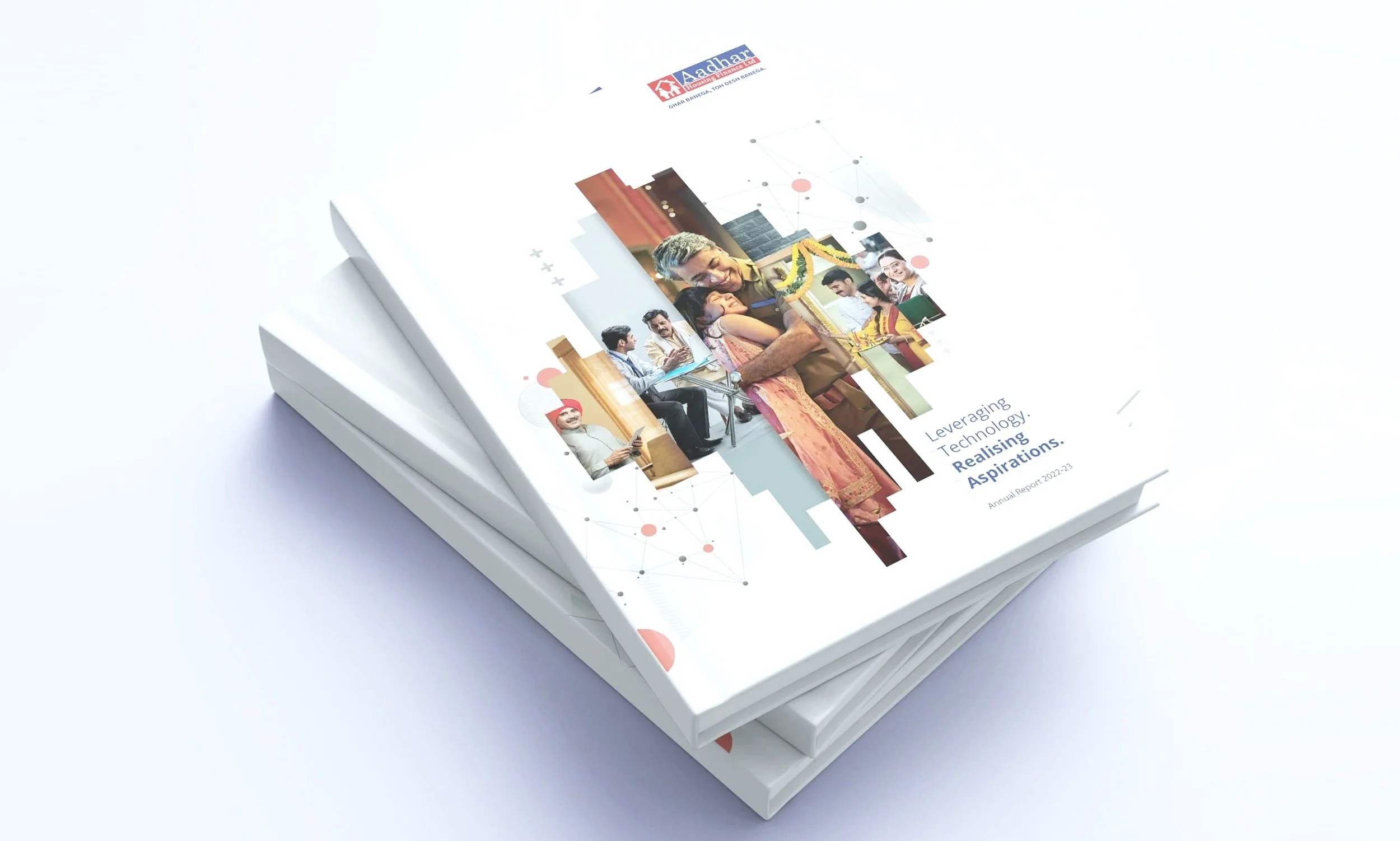 The cover of an annual report titled 'Leveraging Technology: Realising Aspirations,' featuring images of diverse people and technological graphics.