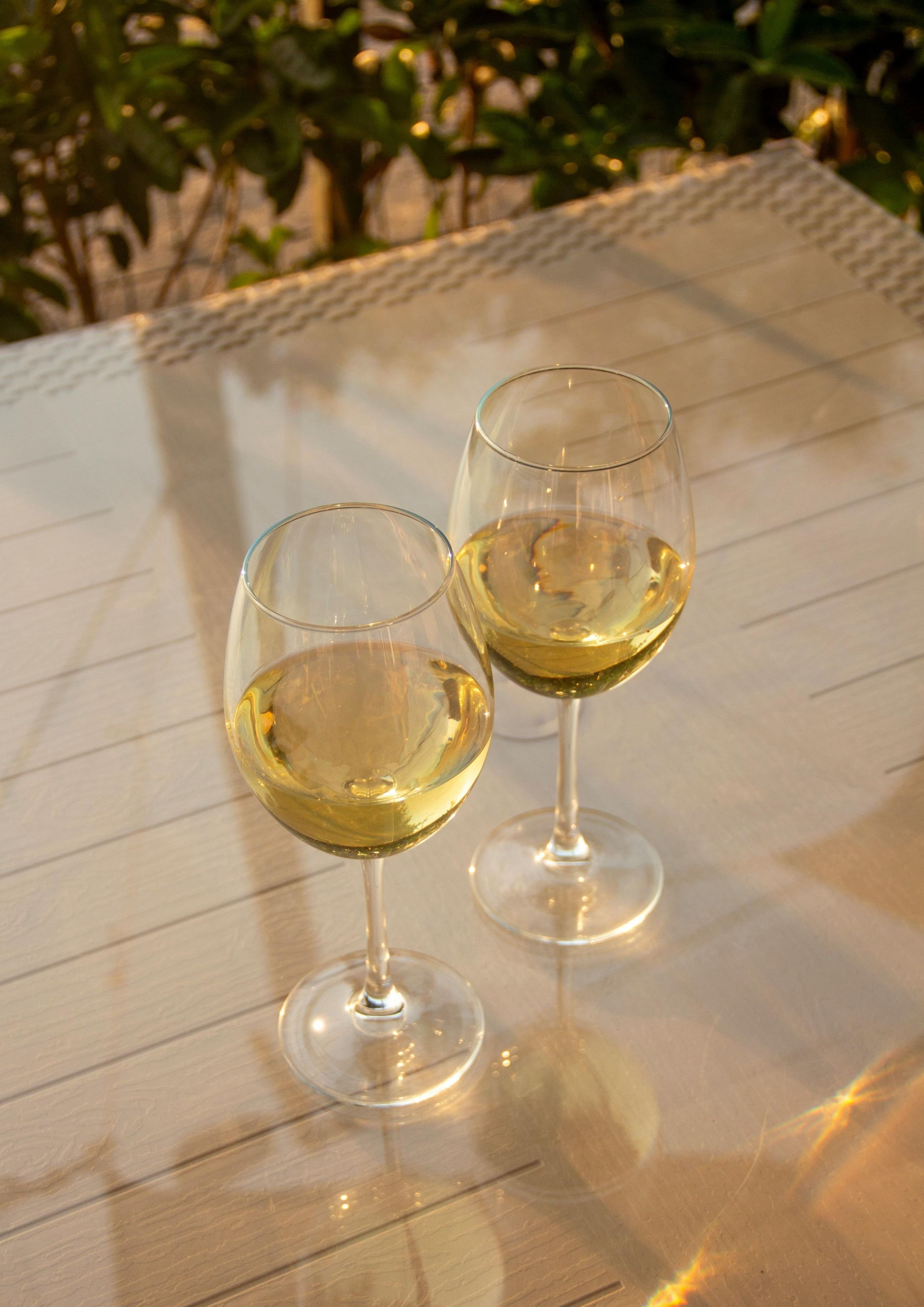 Deux verres de vin blanc sur une table en bois sous la lumière du soleil, avec des feuilles en arrière-plan.