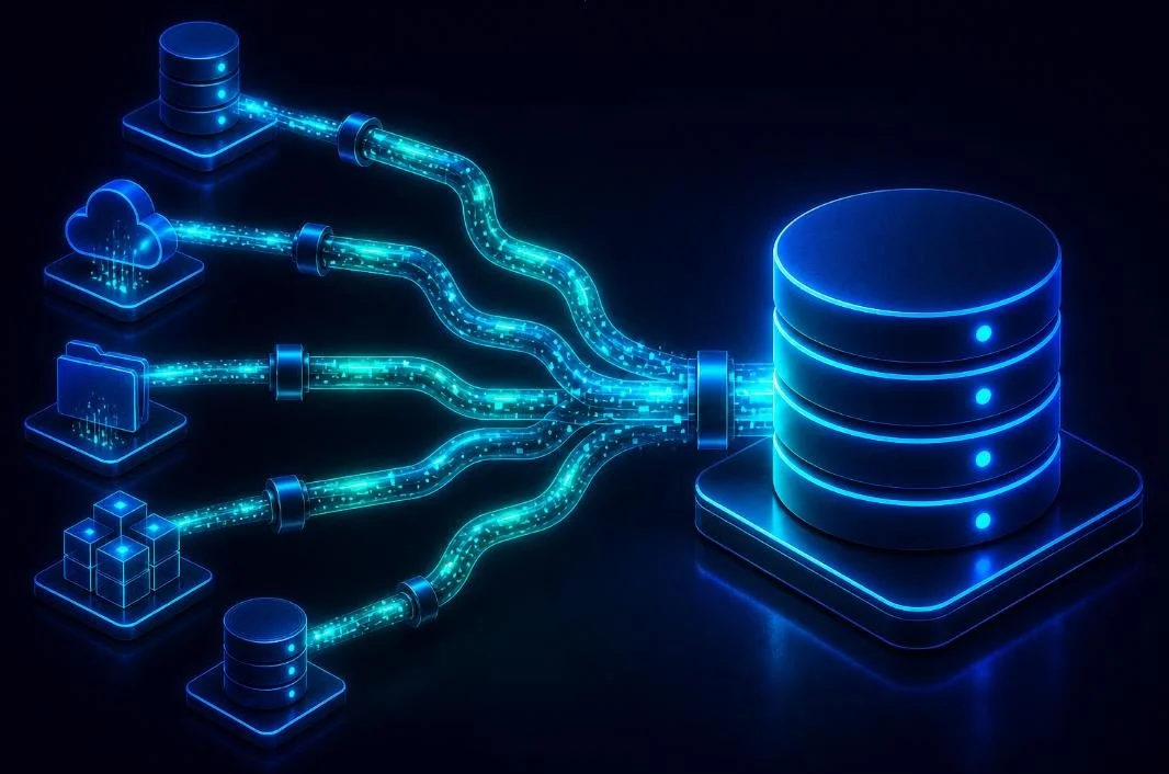 Digital illustration of data servers and cloud storage connecting to a large central database.