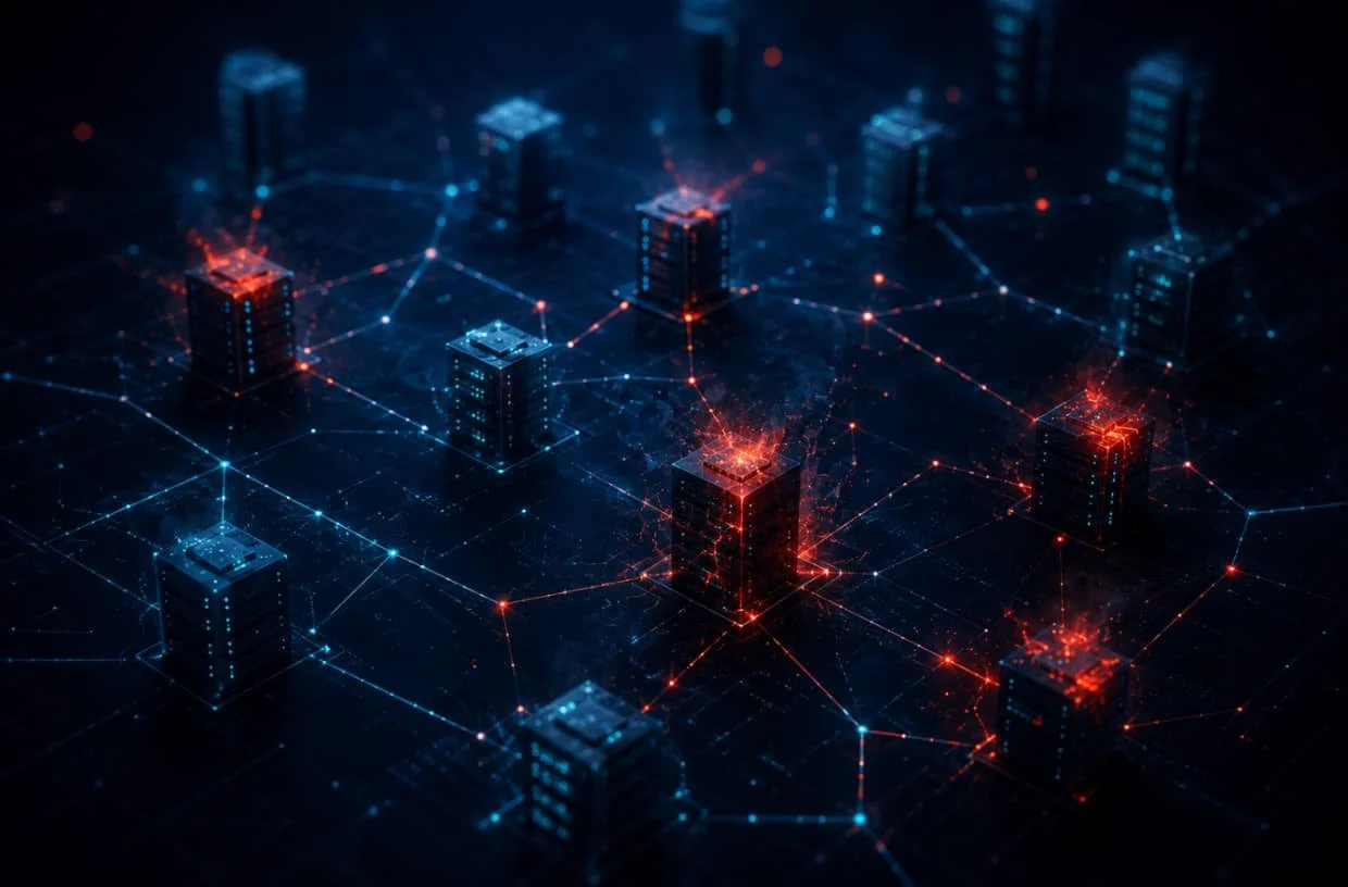 A digital illustration of a cityscape at night with interconnected glowing blue and red data nodes and lines connecting multiple high-rise buildings.