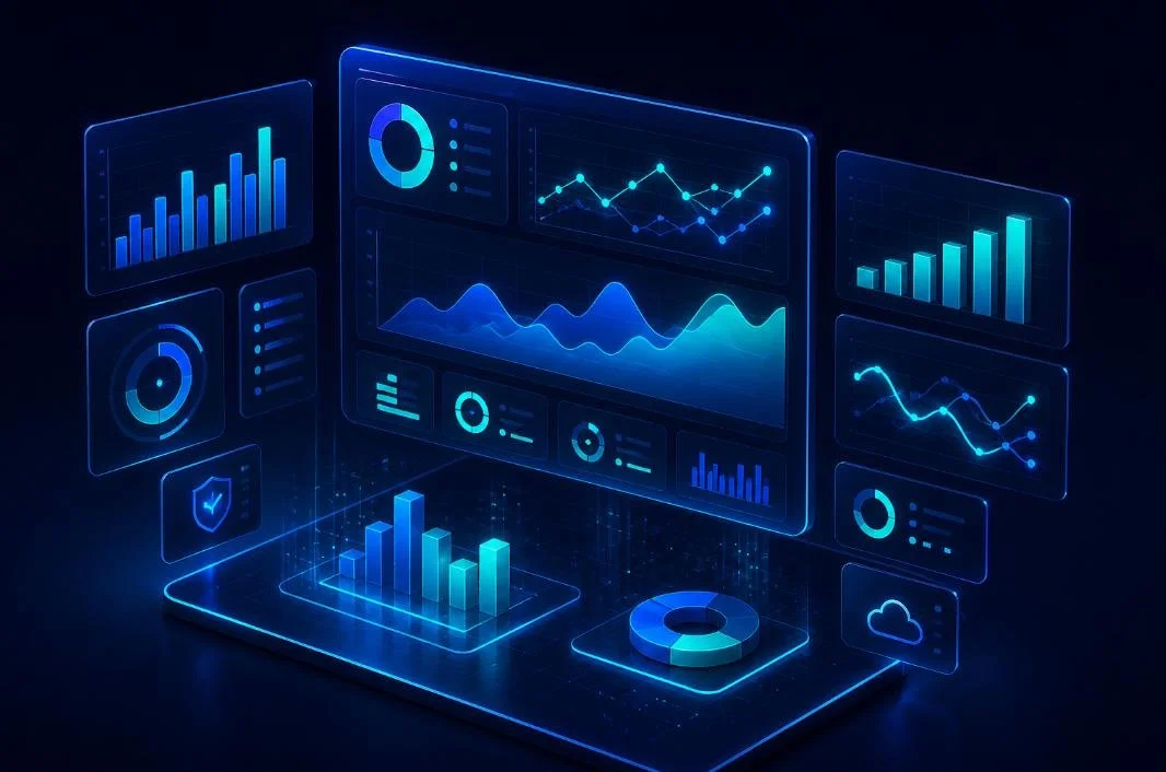 Digital data visualization dashboard with graphs, charts, and analytics in blue tones.