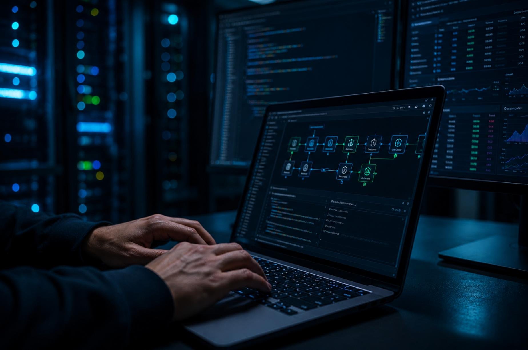 Person working on a laptop with coding and network diagrams on the screen, surrounded by computer servers in a dark data center.