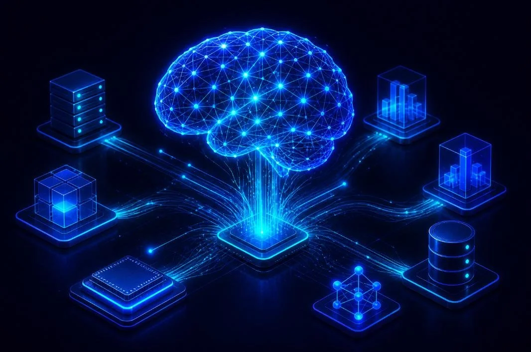 Digital illustration of a brain made of glowing blue interconnected nodes, surrounded by technology and data icons like servers, charts, and graphs.