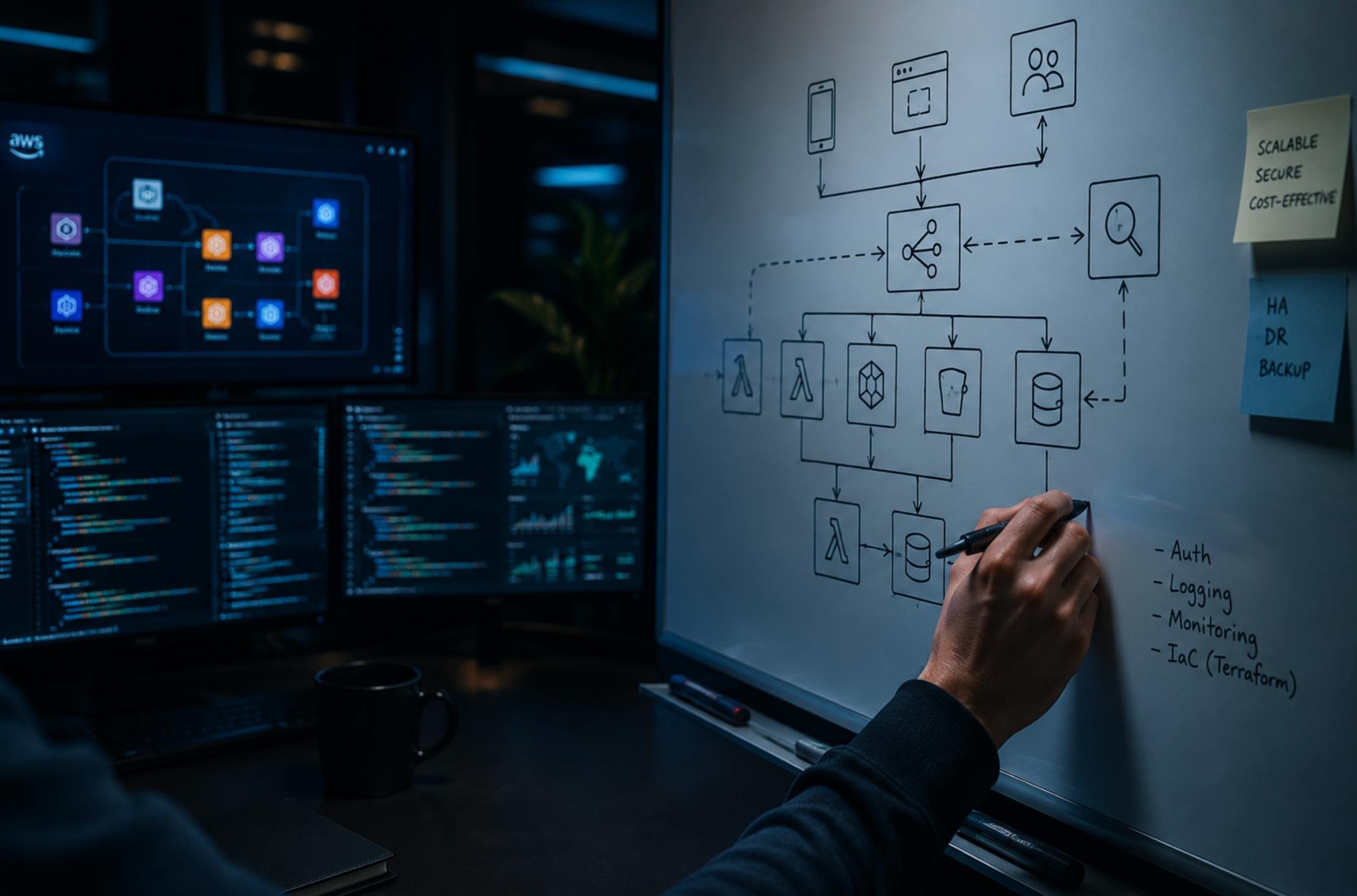 Person writing on a whiteboard with a diagram related to technology and security, and multiple computer monitors displaying code and system architecture.