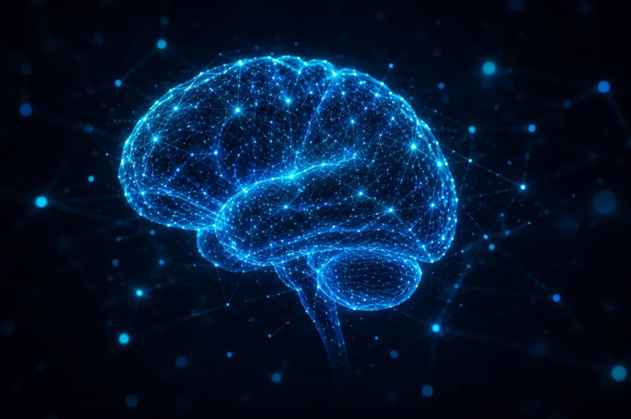 Digital illustration of a glowing blue brain made of interconnected lines and dots, with a dark background and similar network pattern.