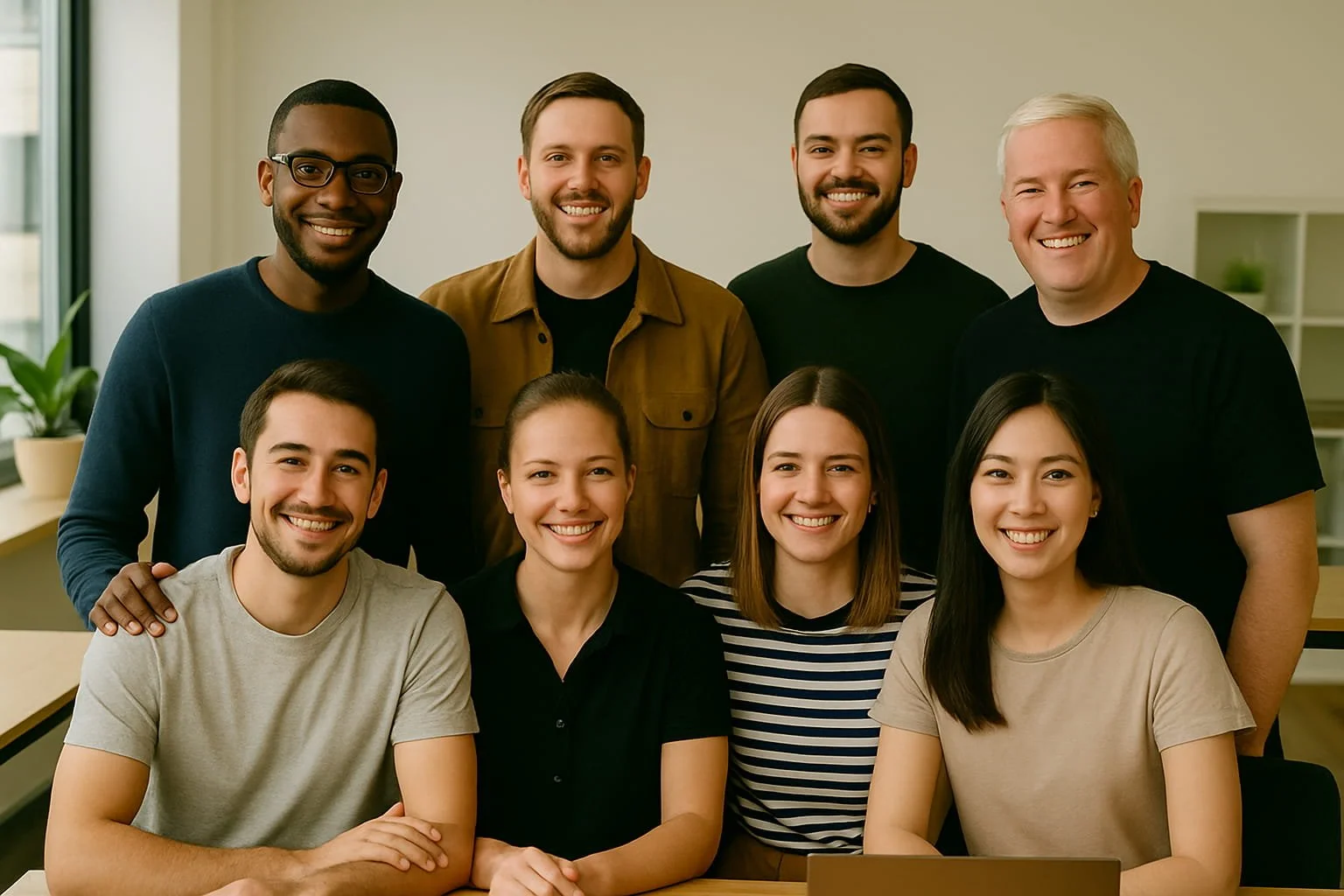 Group of nine diverse smiling people in a classroom or office setting.