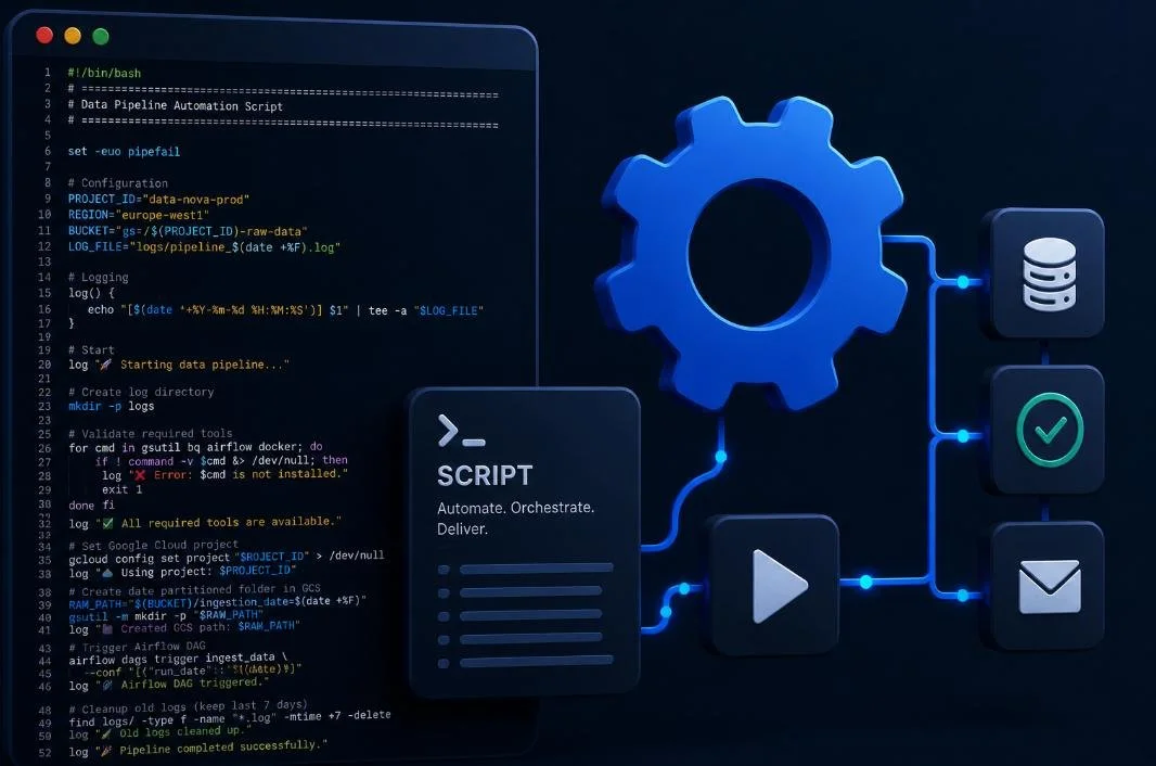 Computer screen displaying a scripting code, with a large blue gear icon and connected icons representing data, check mark, a play button, and email.