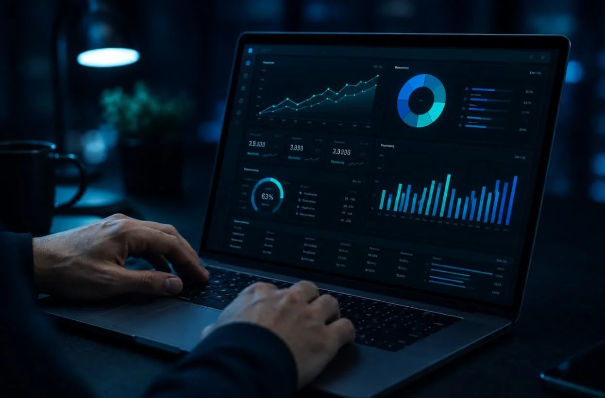 A person's hands working on a laptop displaying data charts and graphs on the screen in a dark setting.