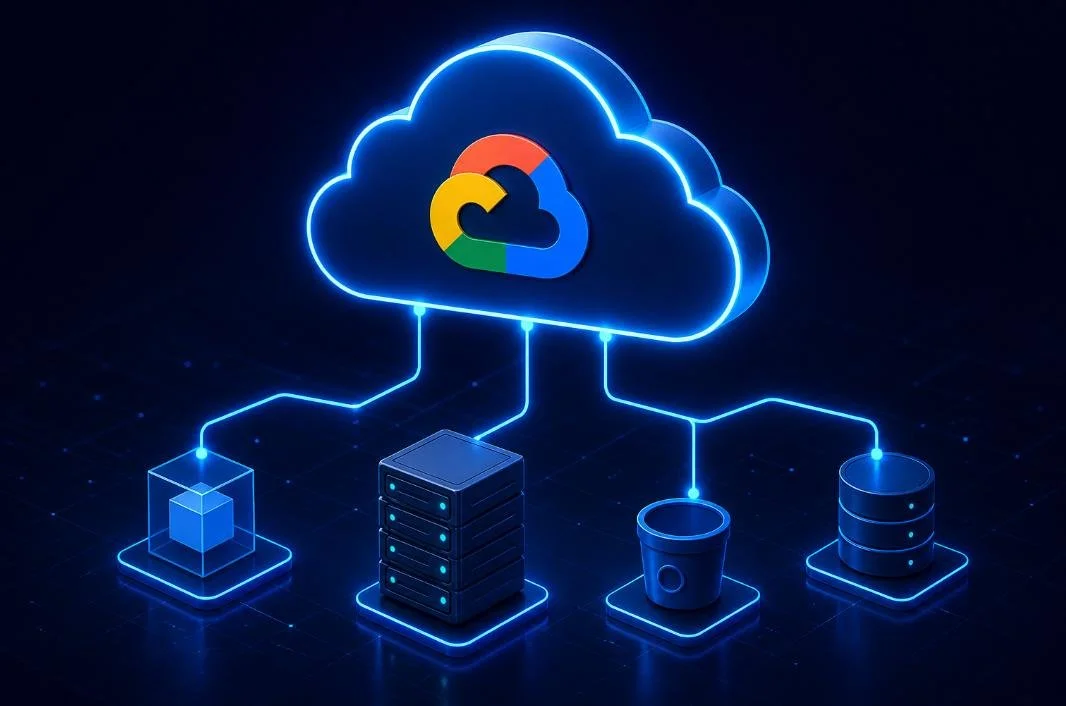 Neon outline of a cloud with the Google Cloud logo inside, connected to icons representing a cube, server stack, bucket, and database, all in a digital, futuristic style.