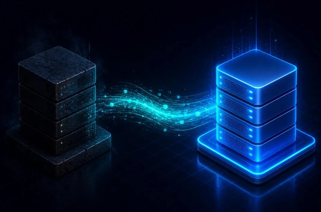 Digital illustration of data transfer between two server stacks, one old and weathered on the left and a modern glowing on the right, with data streams connecting them.