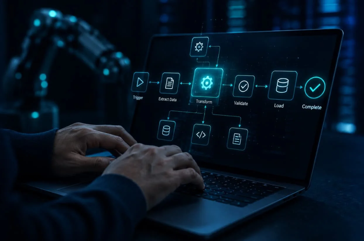 Person working on a laptop with a digital flowchart of data processing steps on the screen, including trigger, extract data, transform, validate, load, and complete.