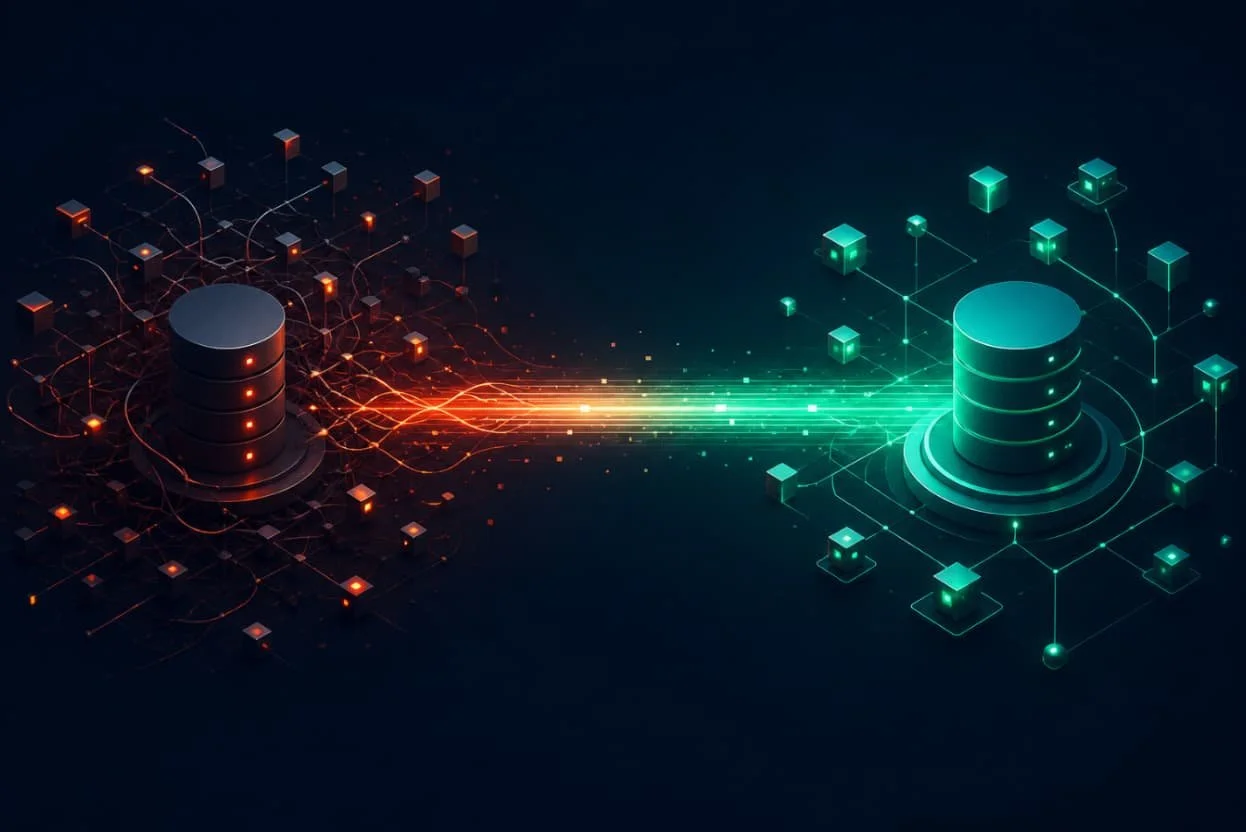 Digital illustration of data transfer between two server stacks represented by cylindrical structures, with lines and glowing squares representing data flow and connections.