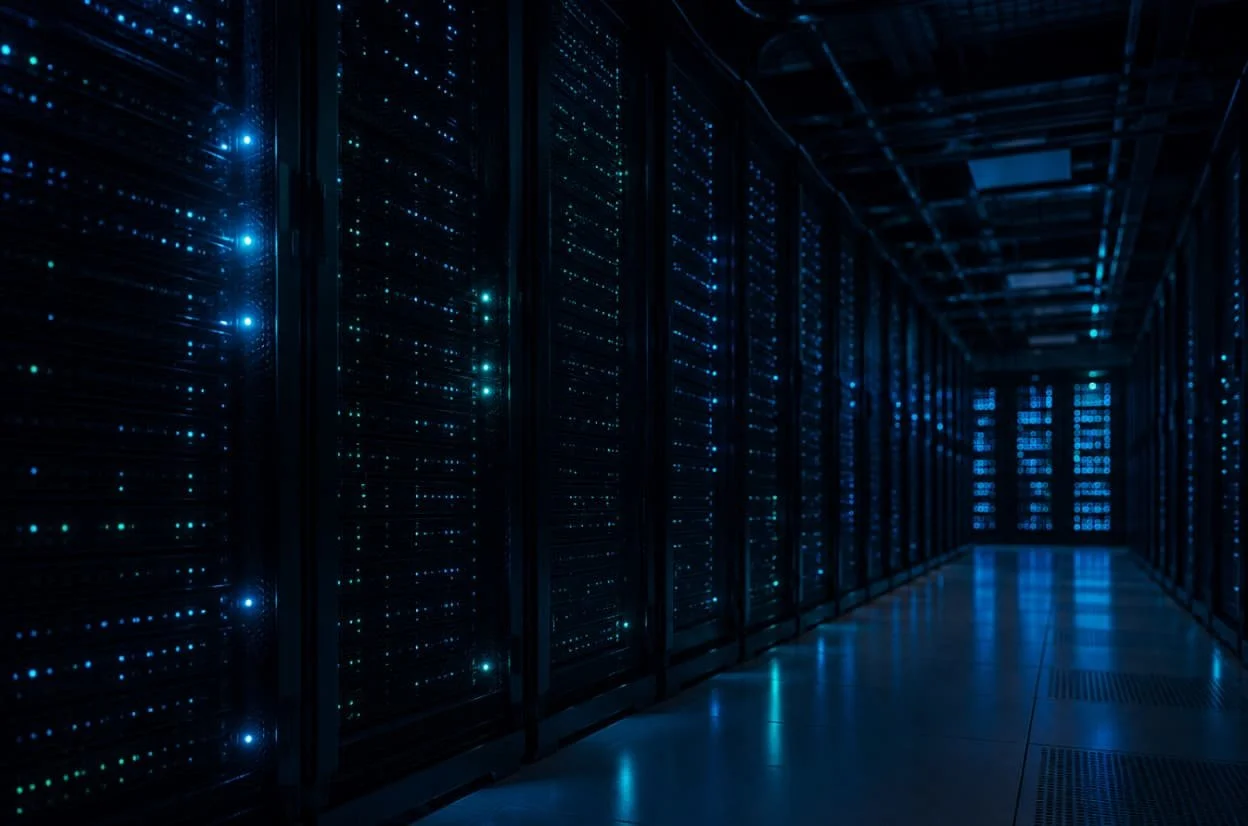 A computer server room with rows of servers emitting blue and green lights, in a dark corridor.