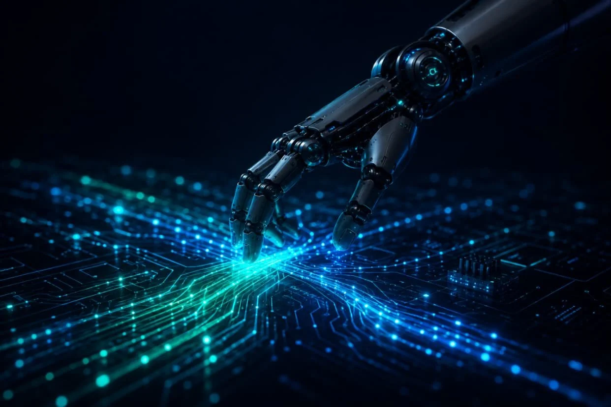 A robotic hand with a sleek black design appears to be touching or activating a digital circuit board illuminated with blue and green lights.