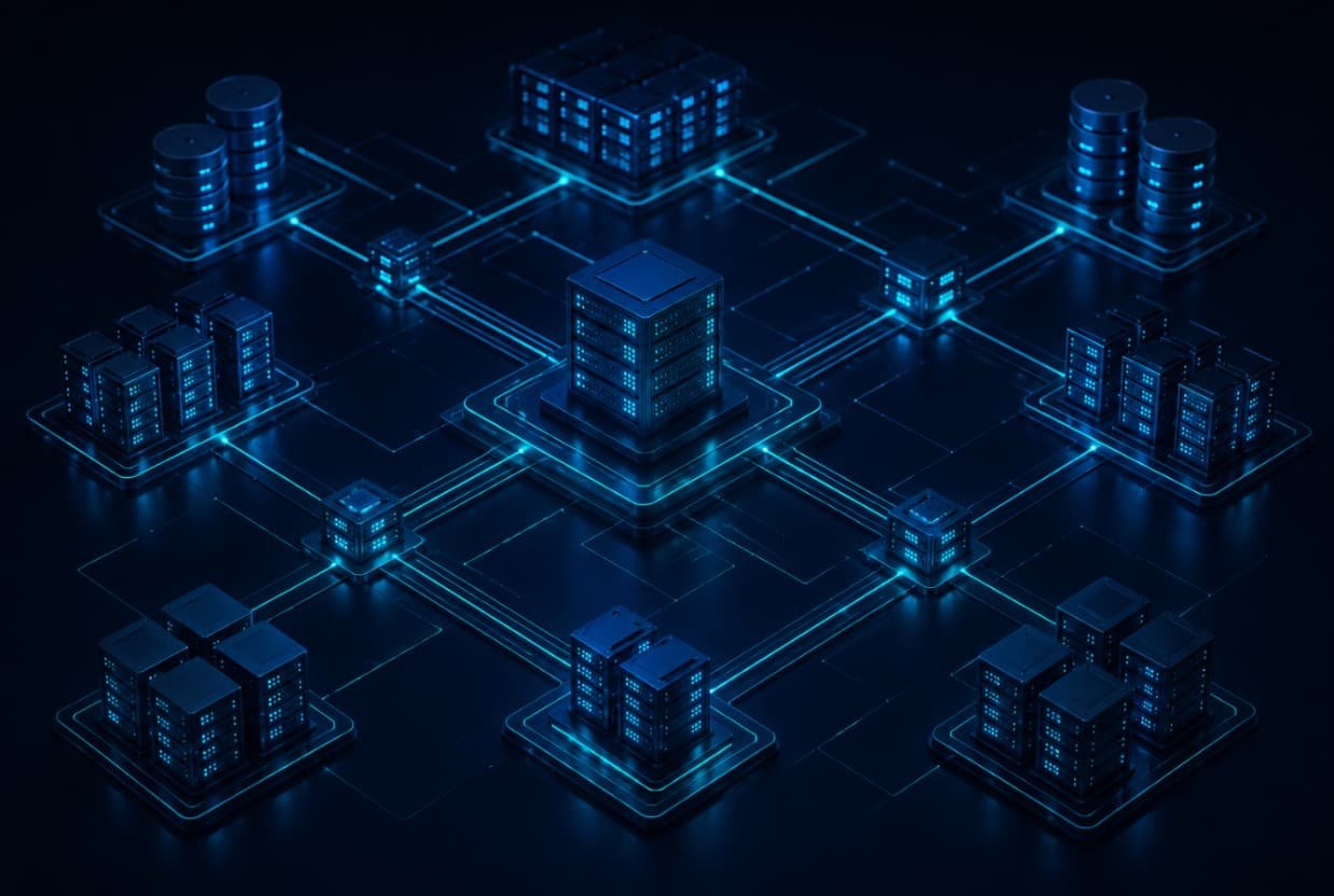 Digital illustration of a futuristic network of interconnected servers and data storage units, glowing blue against a dark background.