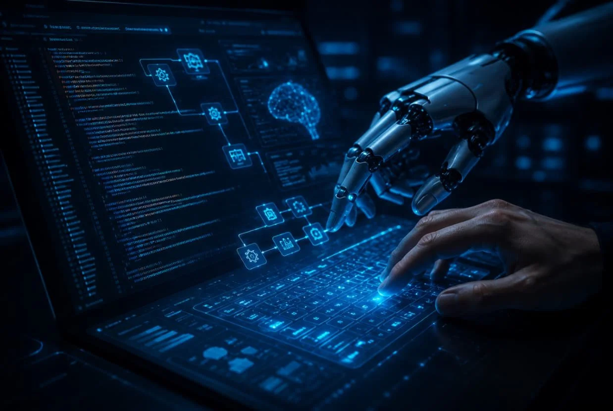 A robotic hand interacting with a computer screen displaying code, digital graphics, and a brain illustration in a dark high-tech setting.