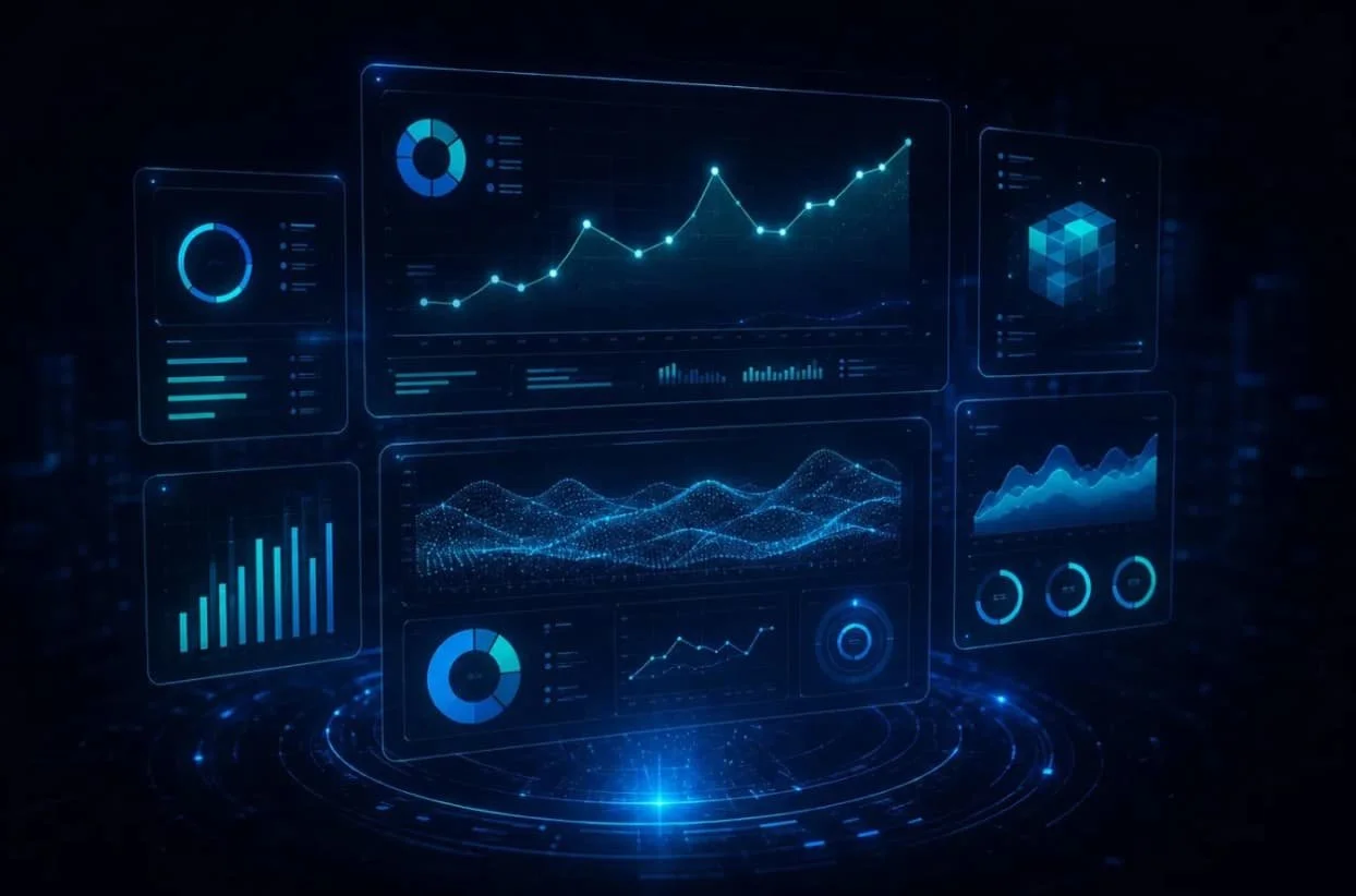 Digital data analytics dashboard with various charts and graphs on a dark background