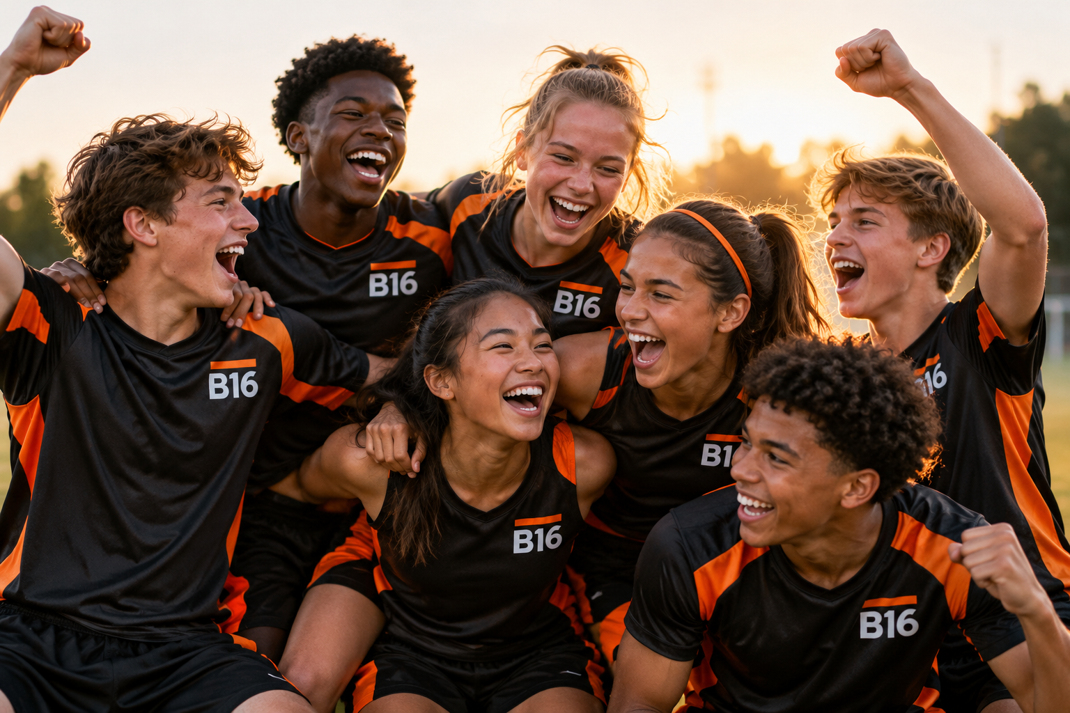 A diverse group of young male and female athletes celebrating together in Bridge 16 brand colours, representing teamwork, determination, achievement, and shared success.