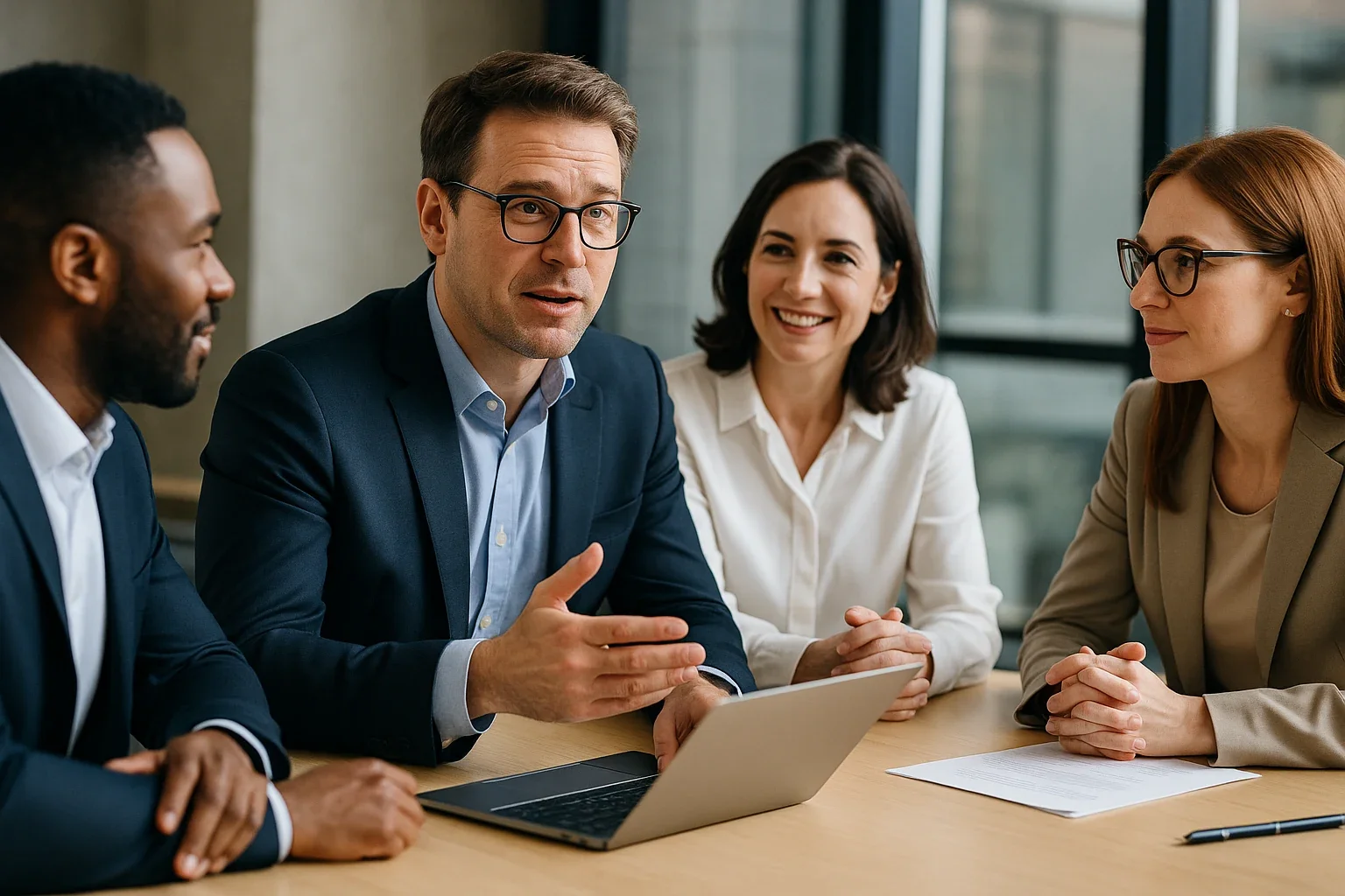Four diverse professionals having a business meeting at a table, with a laptop and documents, in a modern office setting with large windows.