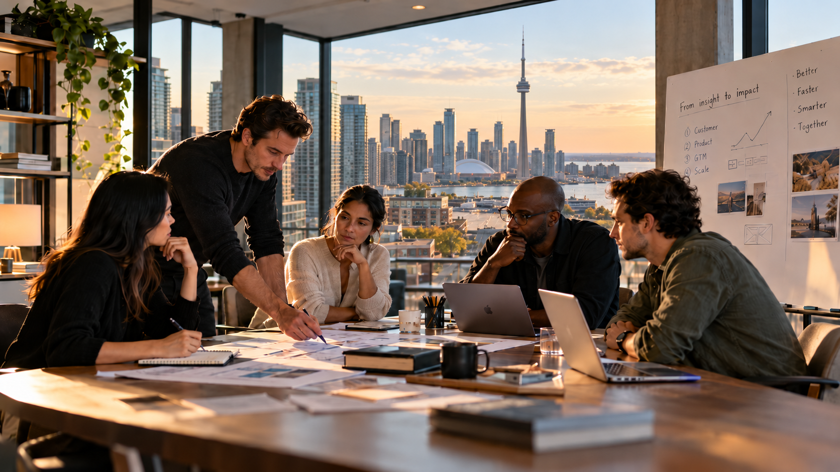 Diverse startup leadership team collaborating on commercial strategy and business growth in a modern Toronto office overlooking the city skyline.