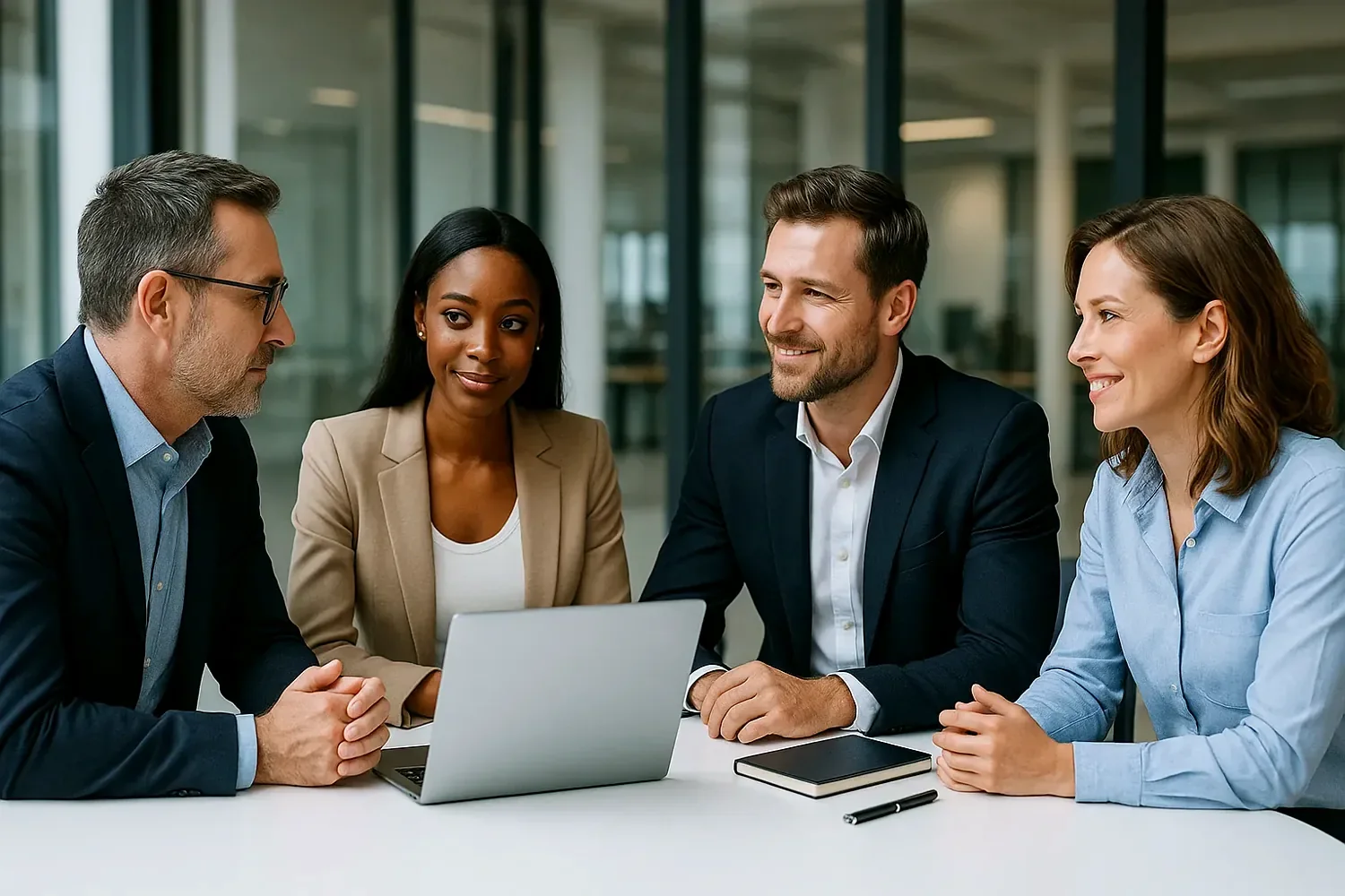 Four diverse professionals sitting around a table engaged in a meeting with a laptop, notebook, and pen.