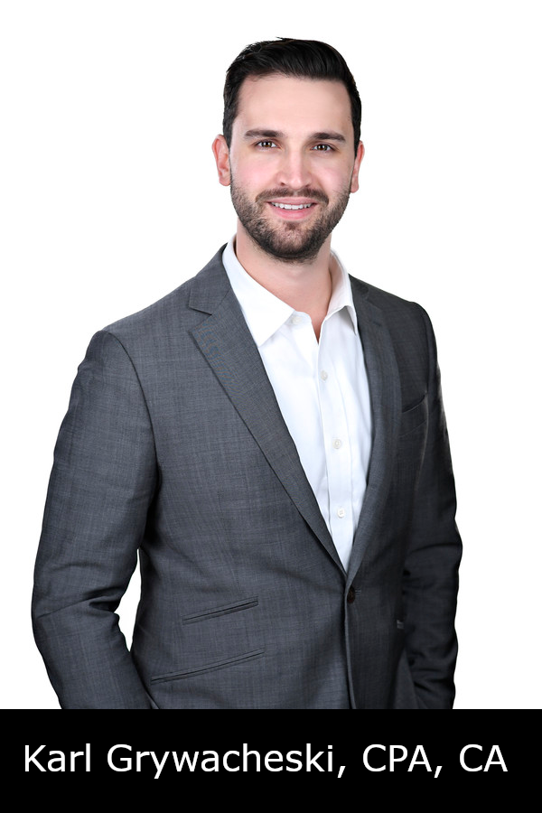 A professional man with dark hair and a beard wearing a grey suit and white shirt, smiling against a white background. Caption: Karl Grywacheski, CPA, CA.