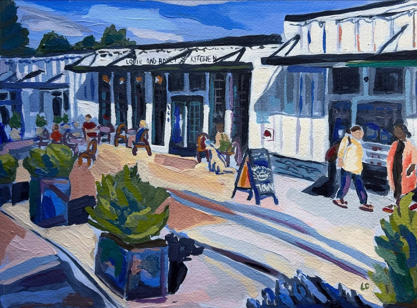 Louie and Honey&rsquo;s Kitchen
9 x 12 inches 
Acrylic on 100% cotton heavyweight paper 

One of my favorite pieces available today on my website! Raise your hand if you love their cinnamon rolls🙌

@louieandhoneyskitchen has the BEST buns in town!!!