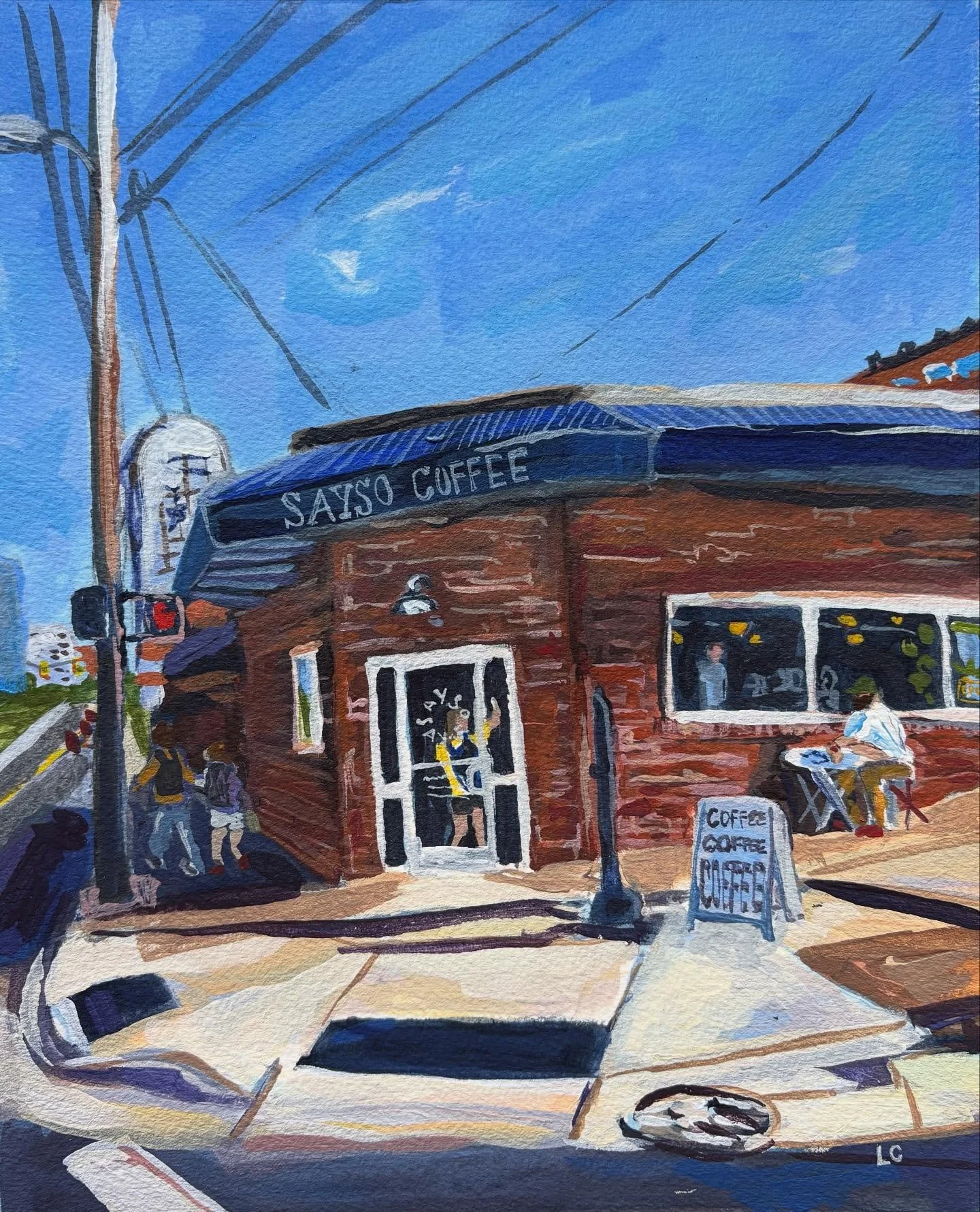 Sayso
8x10 inches 
acrylic on 100% cotton paper
available at the link in bio! 

I love this one! The downtown skyline in the background, a friend waving through the doorway, shadows on the ground, and someone reading and lounging outside.