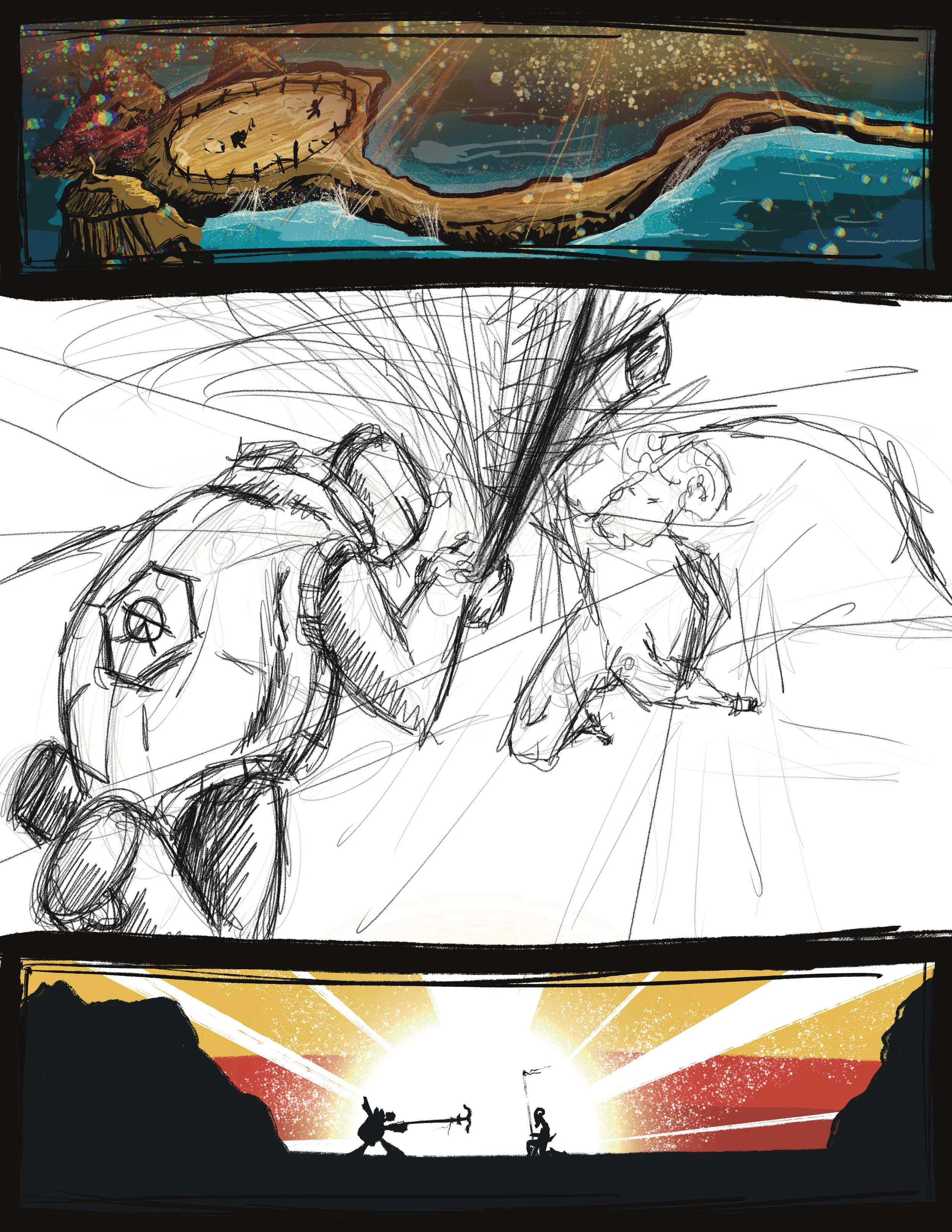 Concept art panel from the Fawnalore story showing early narrative development.