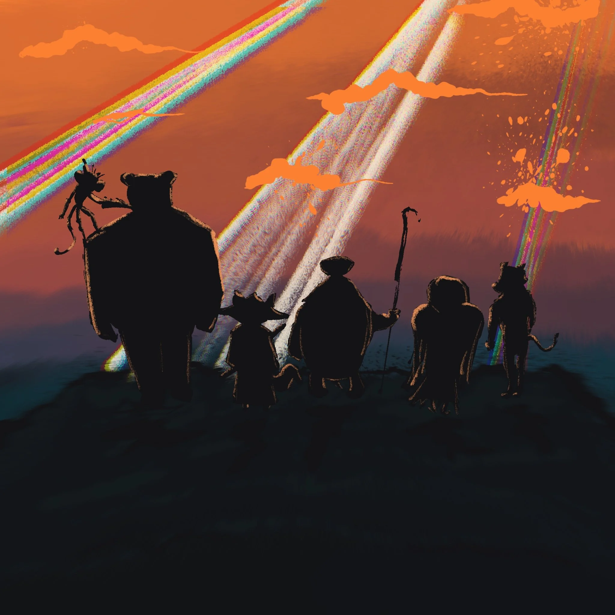 Silhouettes of six heroes overlooking a vast landscape in Fawnalore’s learn-as-you-play board game.