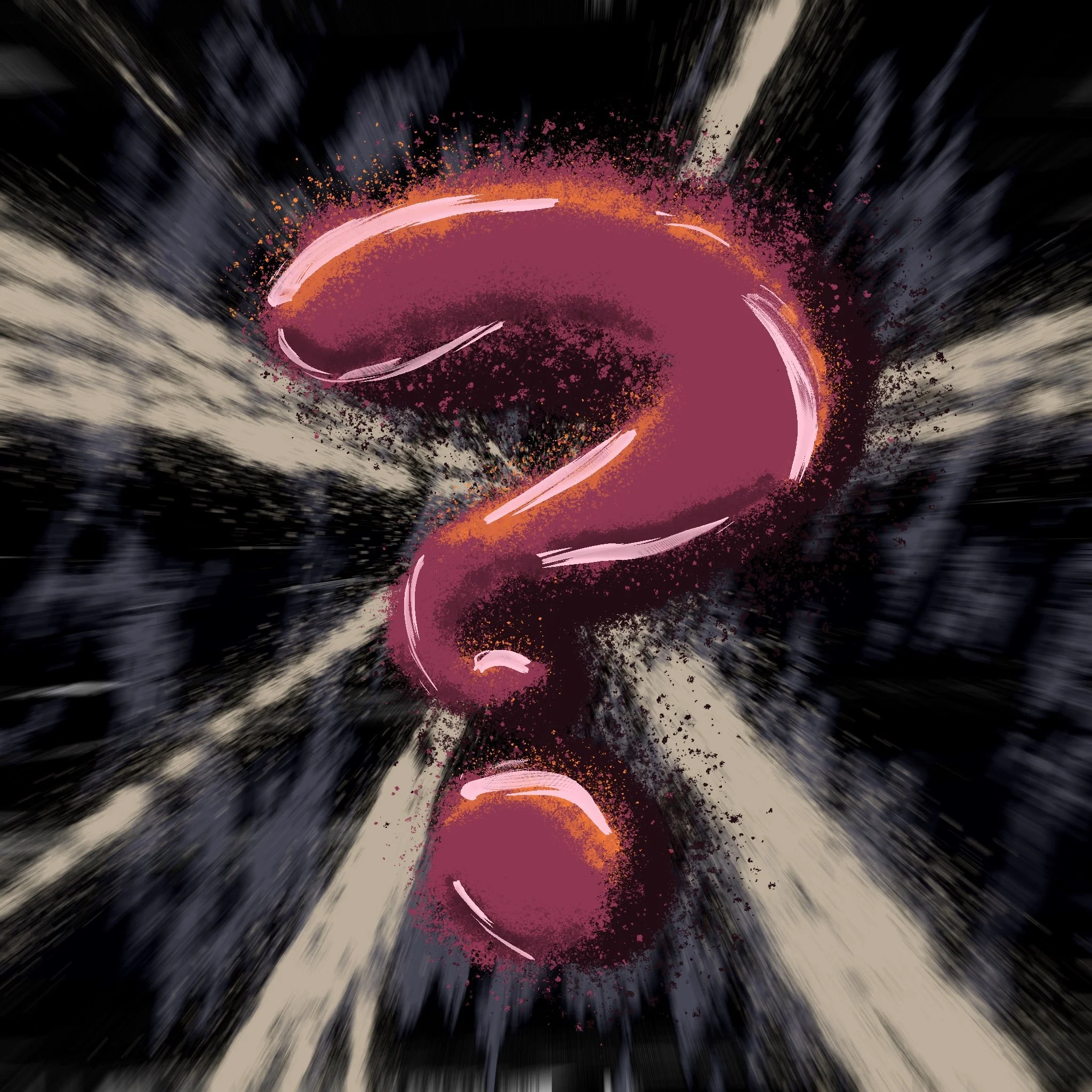 Abstract question mark artwork symbolizing discovery in Fawnalore’s learn-as-you-play board game.