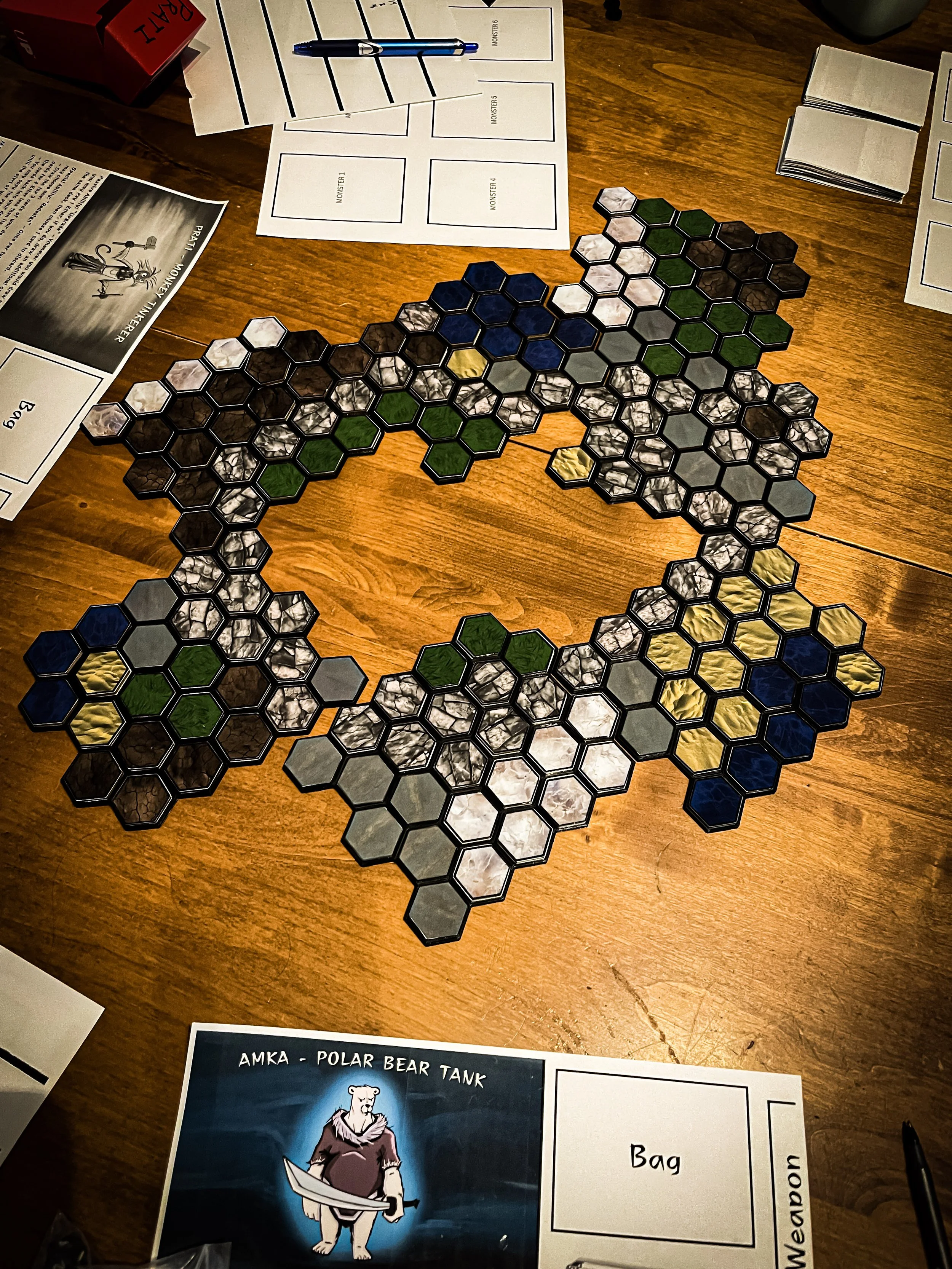 Prototype of Fawnalore’s modular tile tray system used for playtesting the board game system.