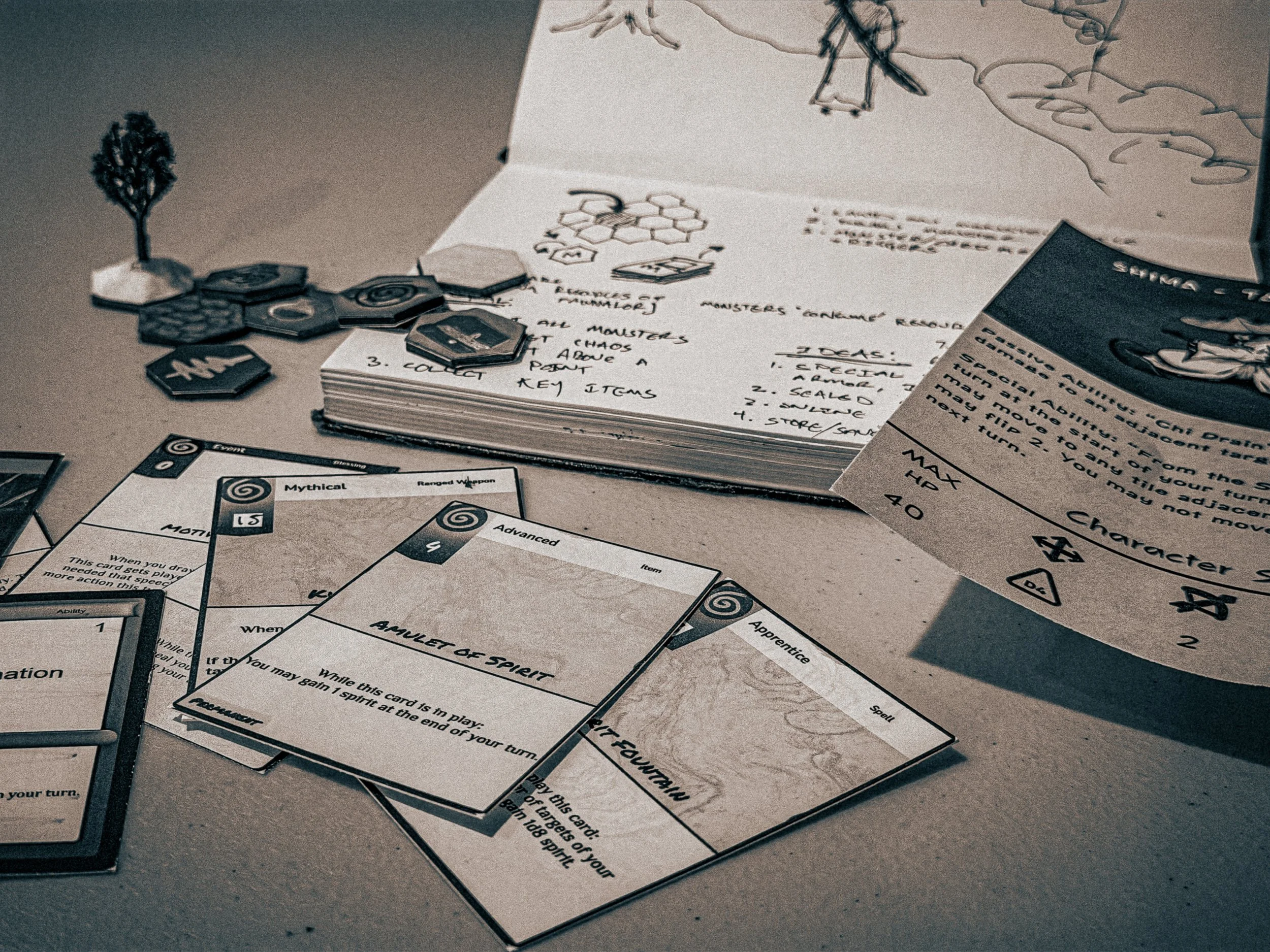 Concept sketches and prototype cards from the early development of the storytelling strategy game Fawnalore.