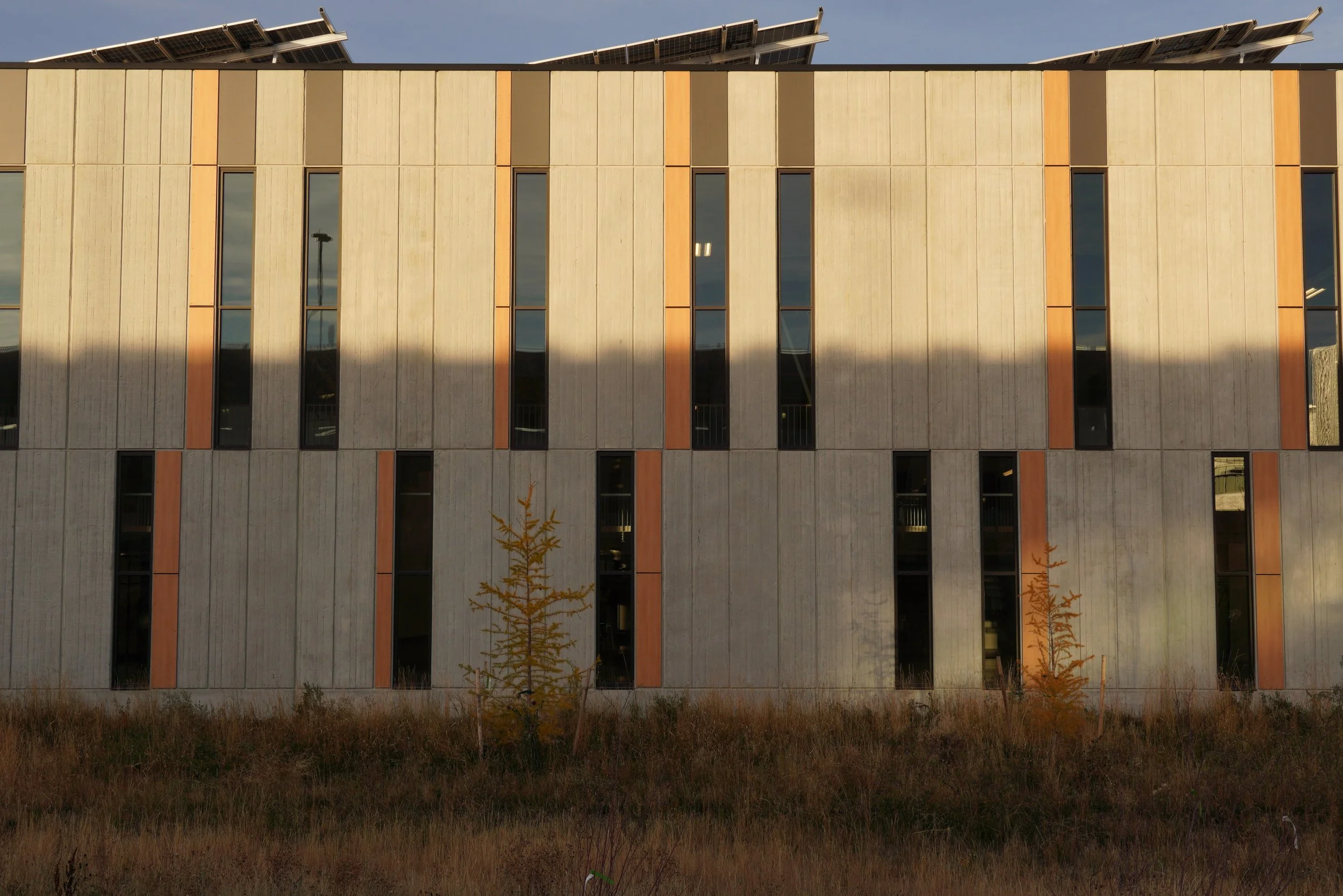 Pre-cast concrete paneling with windows and siding for elevated modern sports & recreation design with sustainable storm water swale and solar panels.