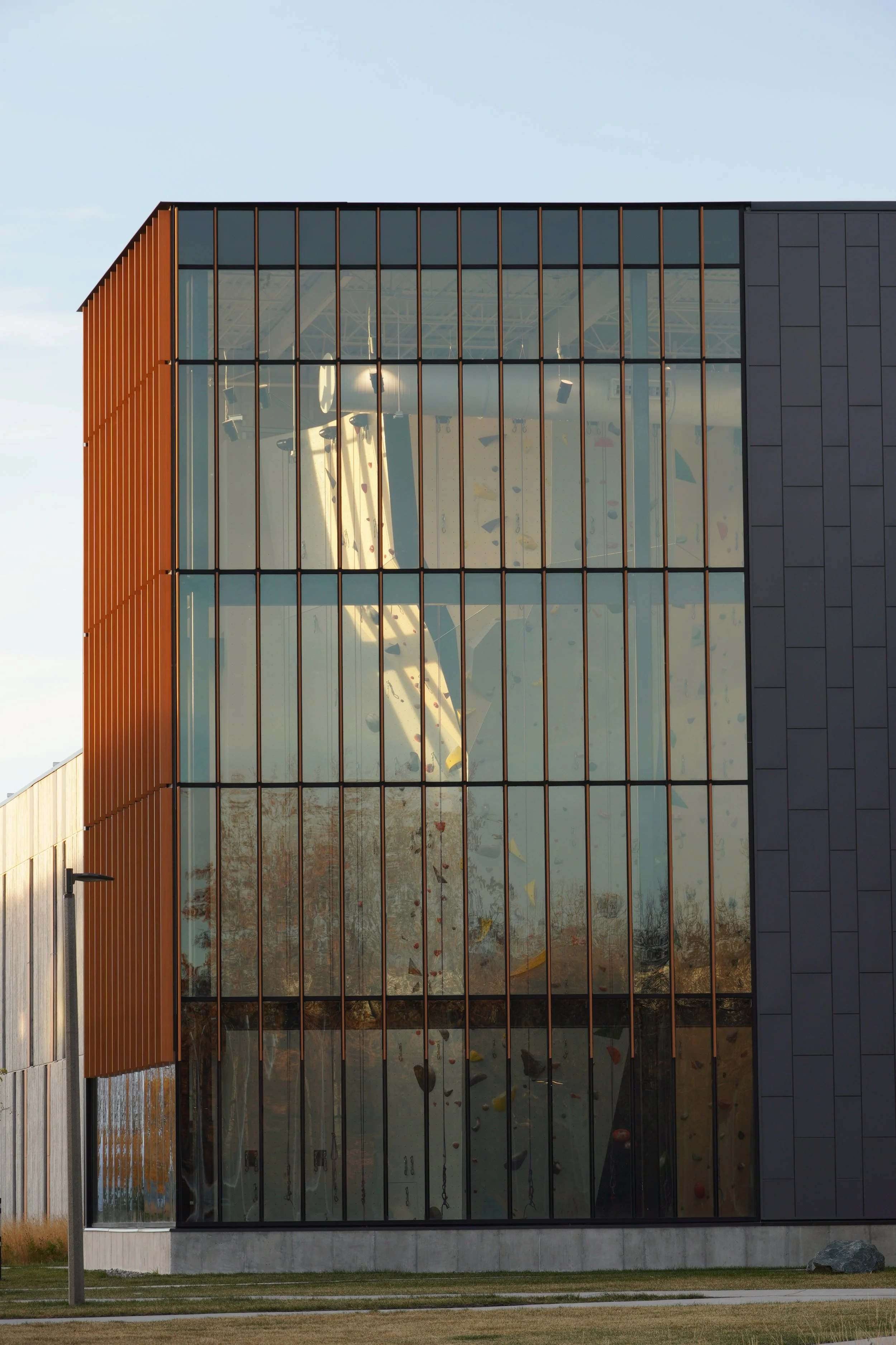 Lead climbing wall at Student Wellness Center showing quality design and construction execution with natural light and balanced transparency.
