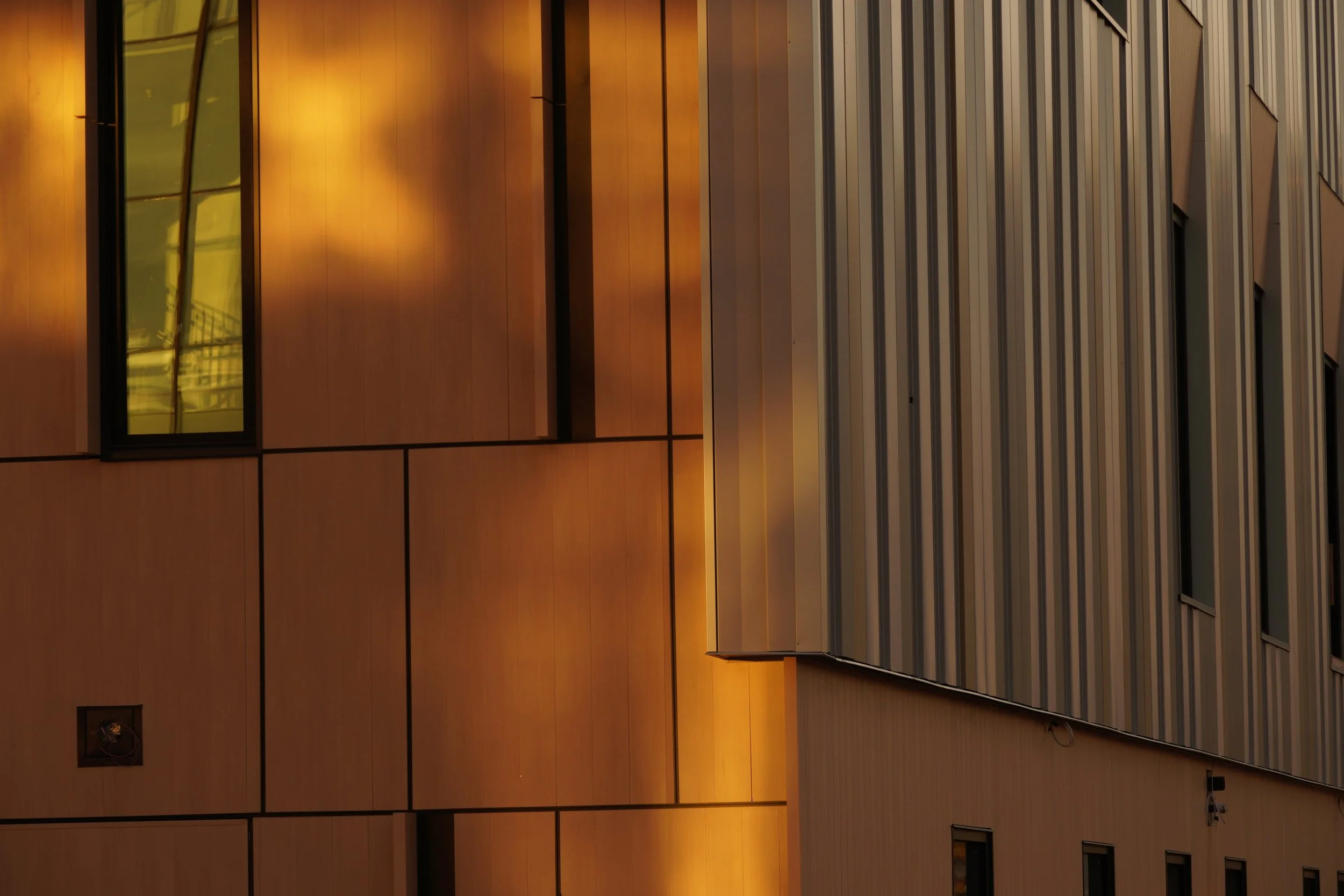Jones Hall corner detailing demonstrated material and form use to elevate the building on a site adjacent to much larger structures.