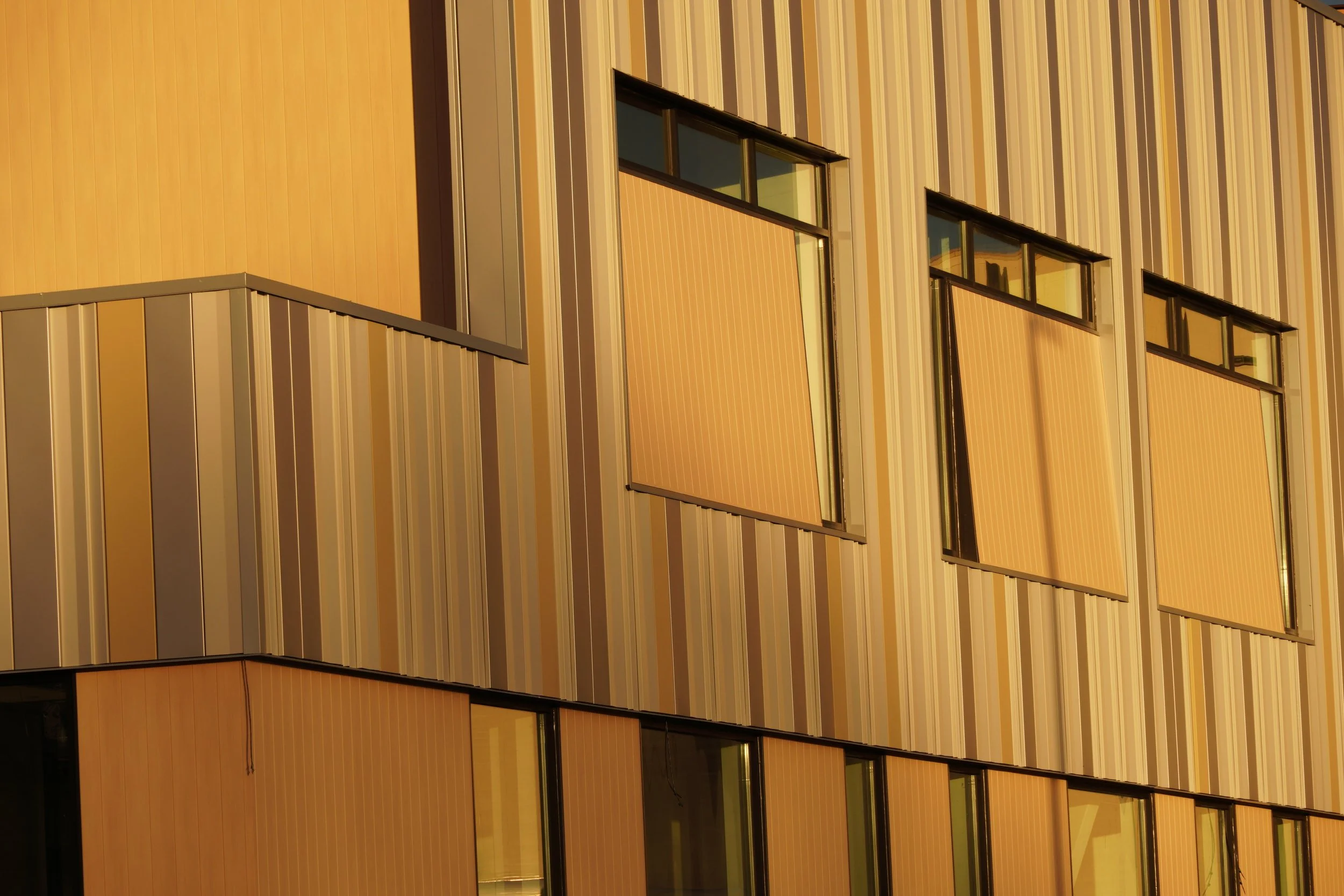 Metal siding on Jones Hall showing construction progress and sunset color expression of modern metal siding to cost effectively elevate design.