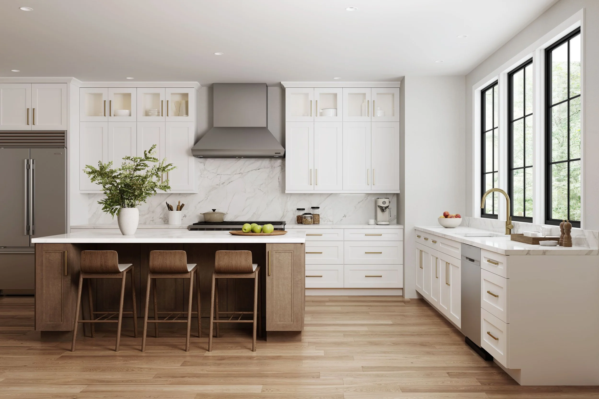 Modern kitchen with white cabinets, marble backsplash, wooden island, and black-framed windows.