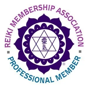 Reiki Membership Association logo with a circular design, purple and teal colors, and a central hexagram symbol with Japanese characters.