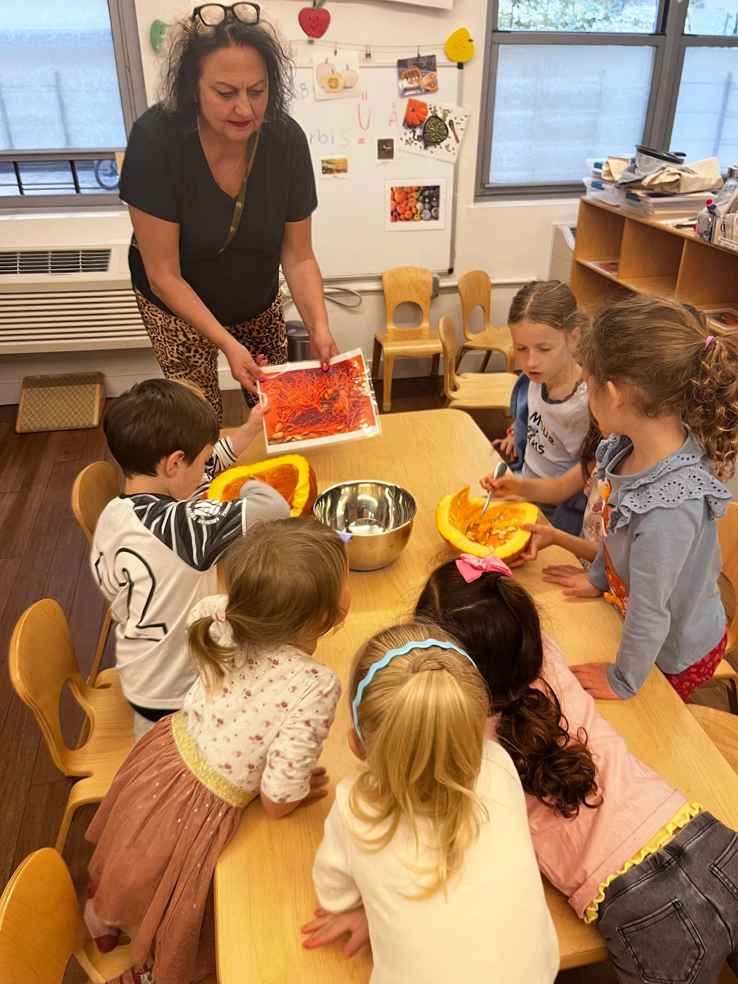 teacher explaining a pumpkin with picture material and the fruit, while a group of seven students are immersed in learning more